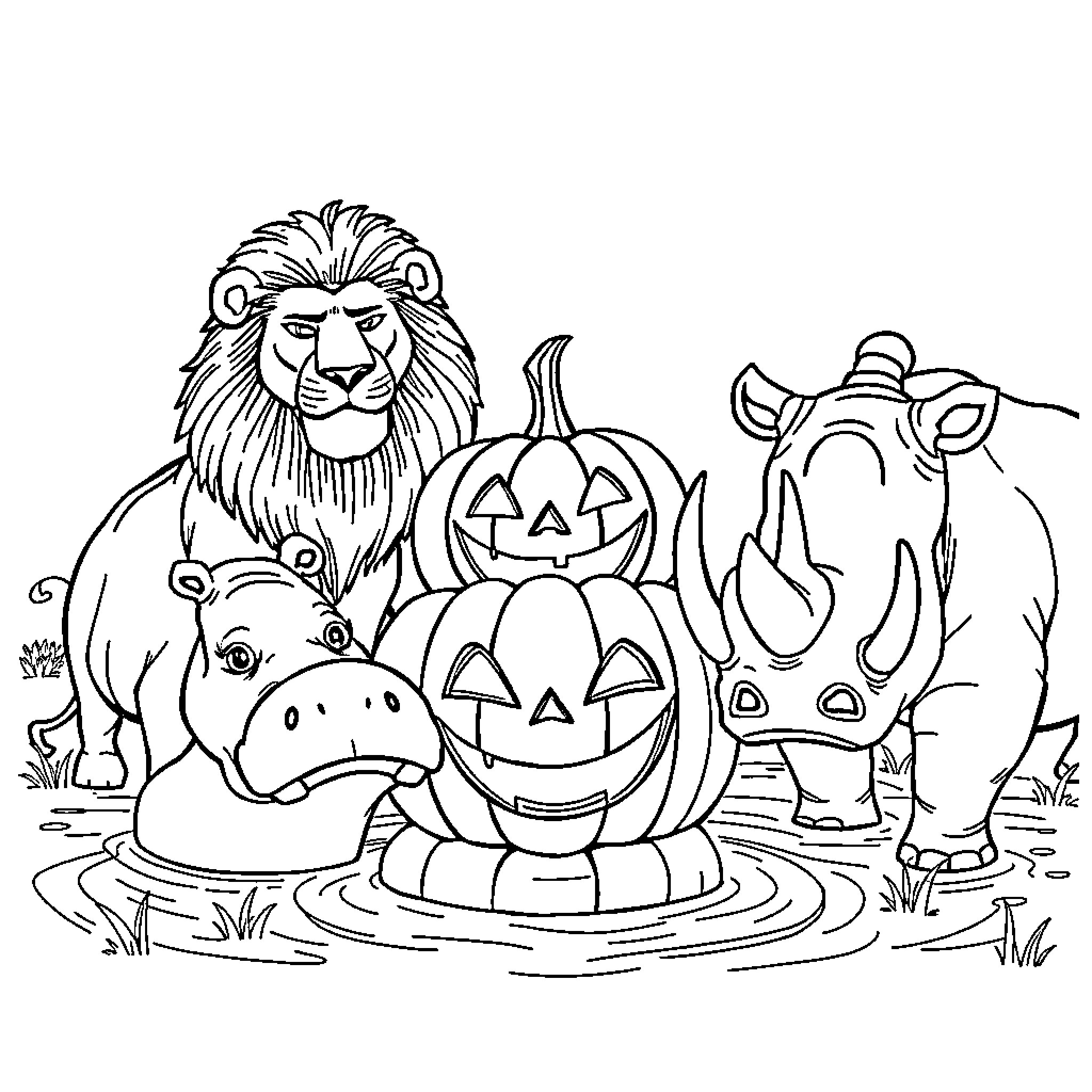 Animal friends gathered for a Halloween celebration Coloring Page (free black-and-white line drawing printable PDF for all, from beginners to advanced learners, including children, teens, adults, and seniors)