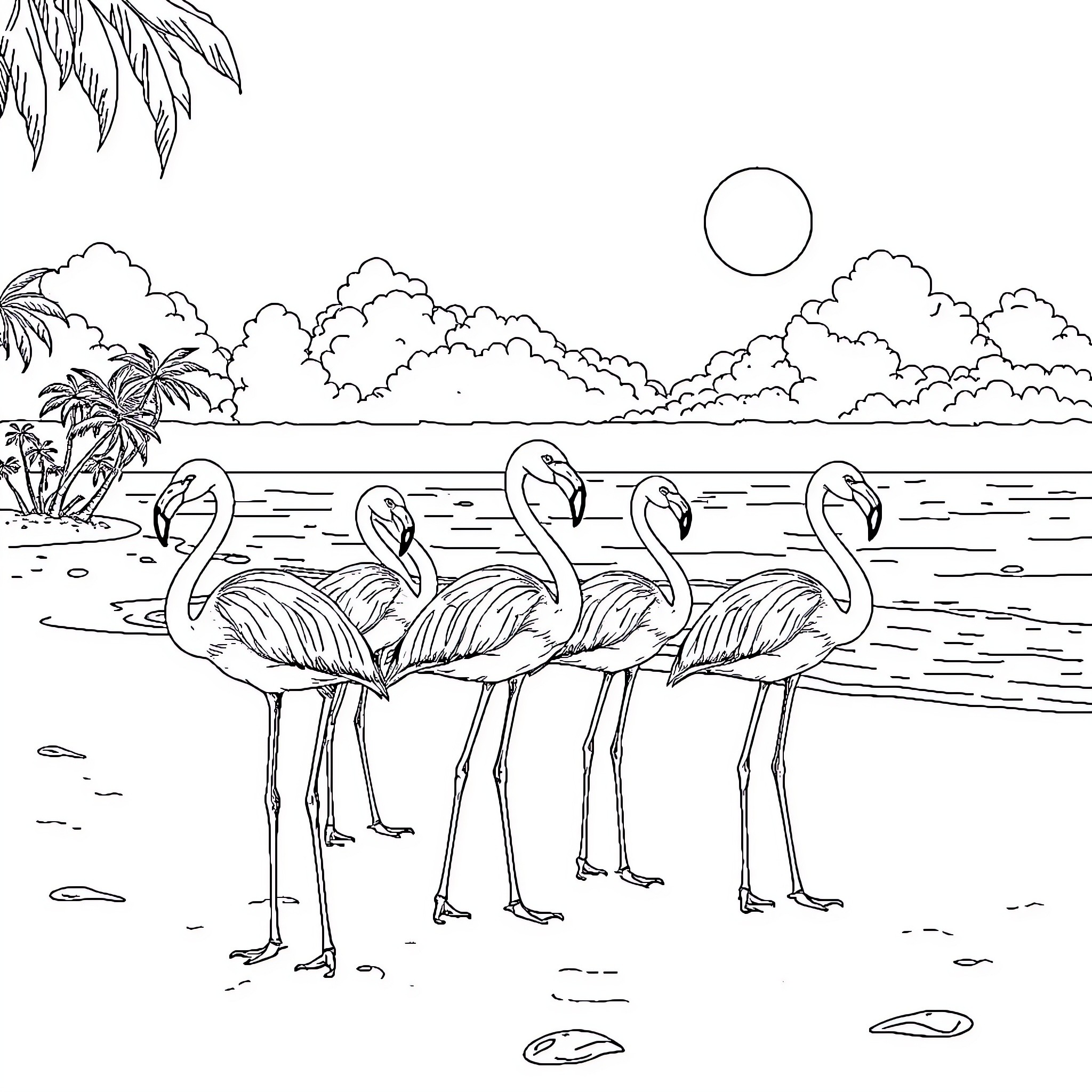 Flamingos Gracefully Strolling on the Beach Coloring Page (free black-and-white line drawing printable PDF for all, from beginners to advanced learners, including children, teens, adults, and seniors)