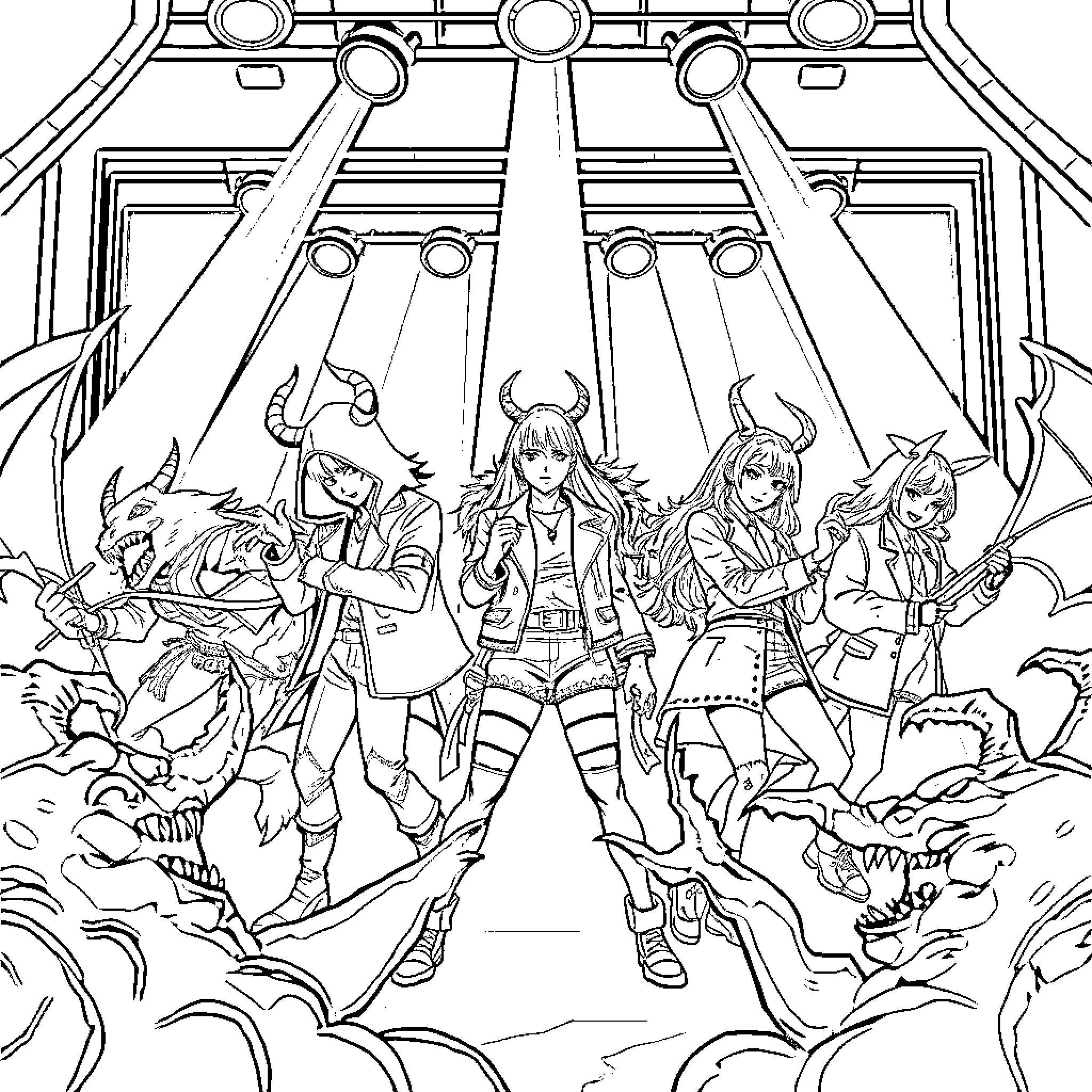 Demon Hunter Faces Fierce Adversaries in Fantasy Realm Coloring Page (free black-and-white line drawing printable PDF for all, from beginners to advanced learners, including children, teens, adults, and seniors)