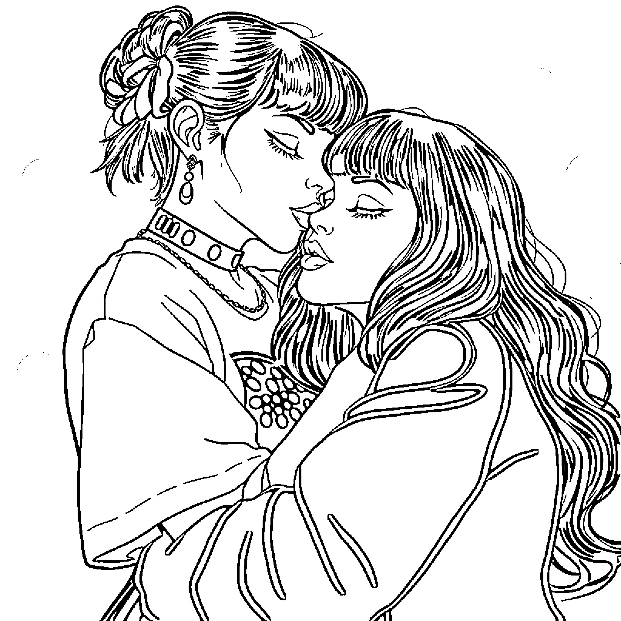 Melanie Martinez embracing a woman with flowing hair Coloring Page (free black-and-white line drawing printable PDF for all, from beginners to advanced learners, including children, teens, adults, and seniors)