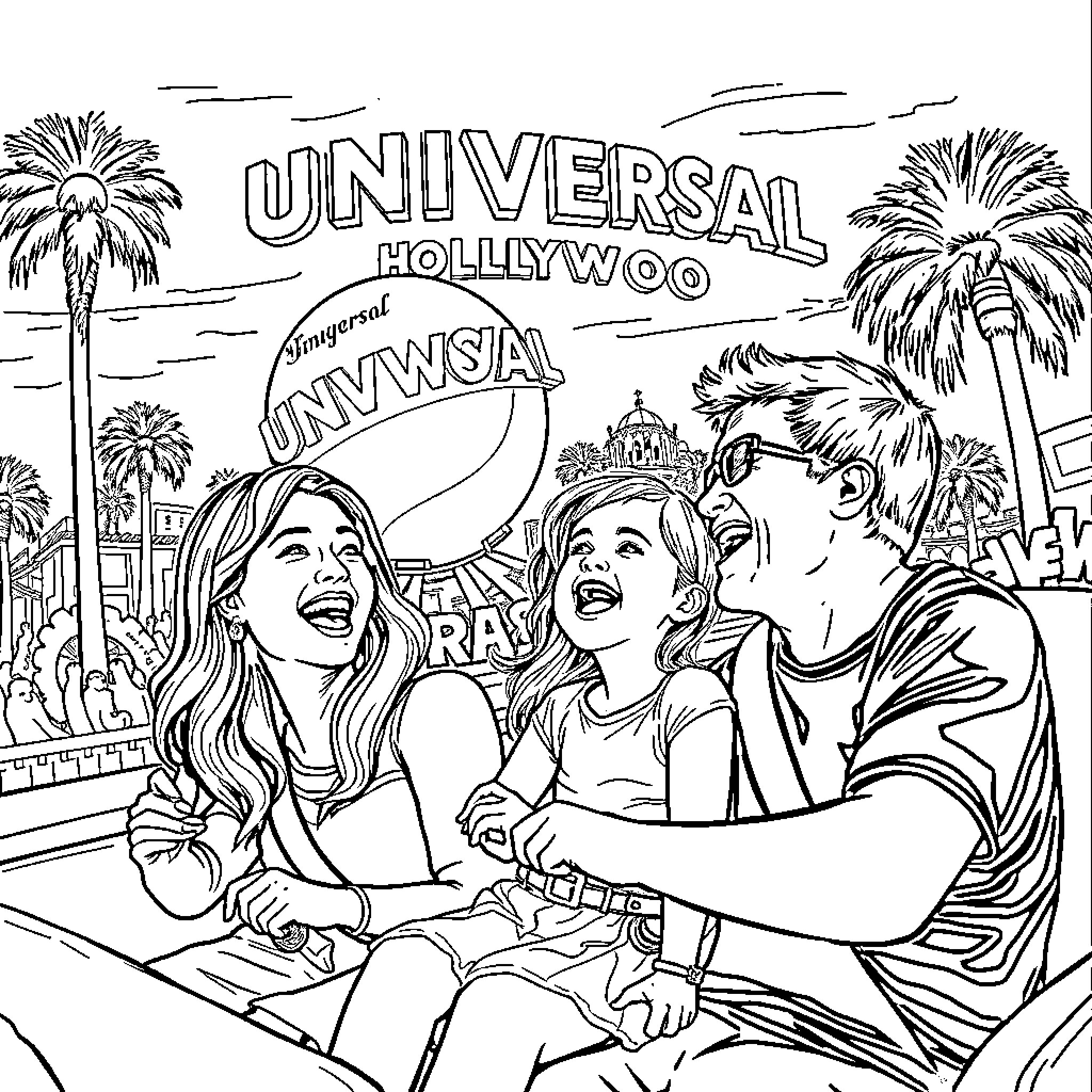 Family Enjoying a Day at the Universal Hollywood Theme Park Coloring Page (free black-and-white line drawing printable PDF for all, from beginners to advanced learners, including children, teens, adults, and seniors)