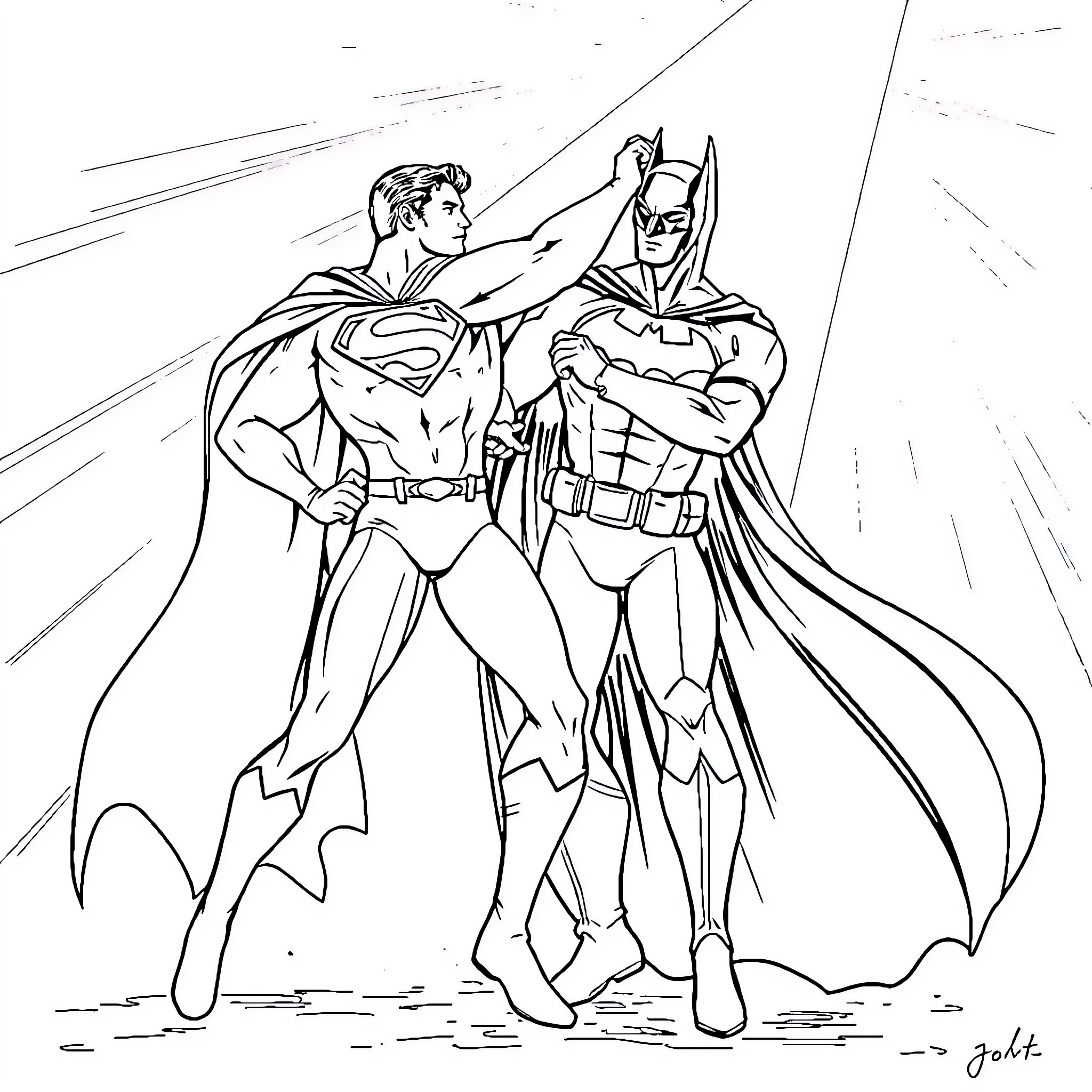 Superman and Batman standing together in heroic poses Coloring Page (free black-and-white line drawing printable PDF for all, from beginners to advanced learners, including children, teens, adults, and seniors)