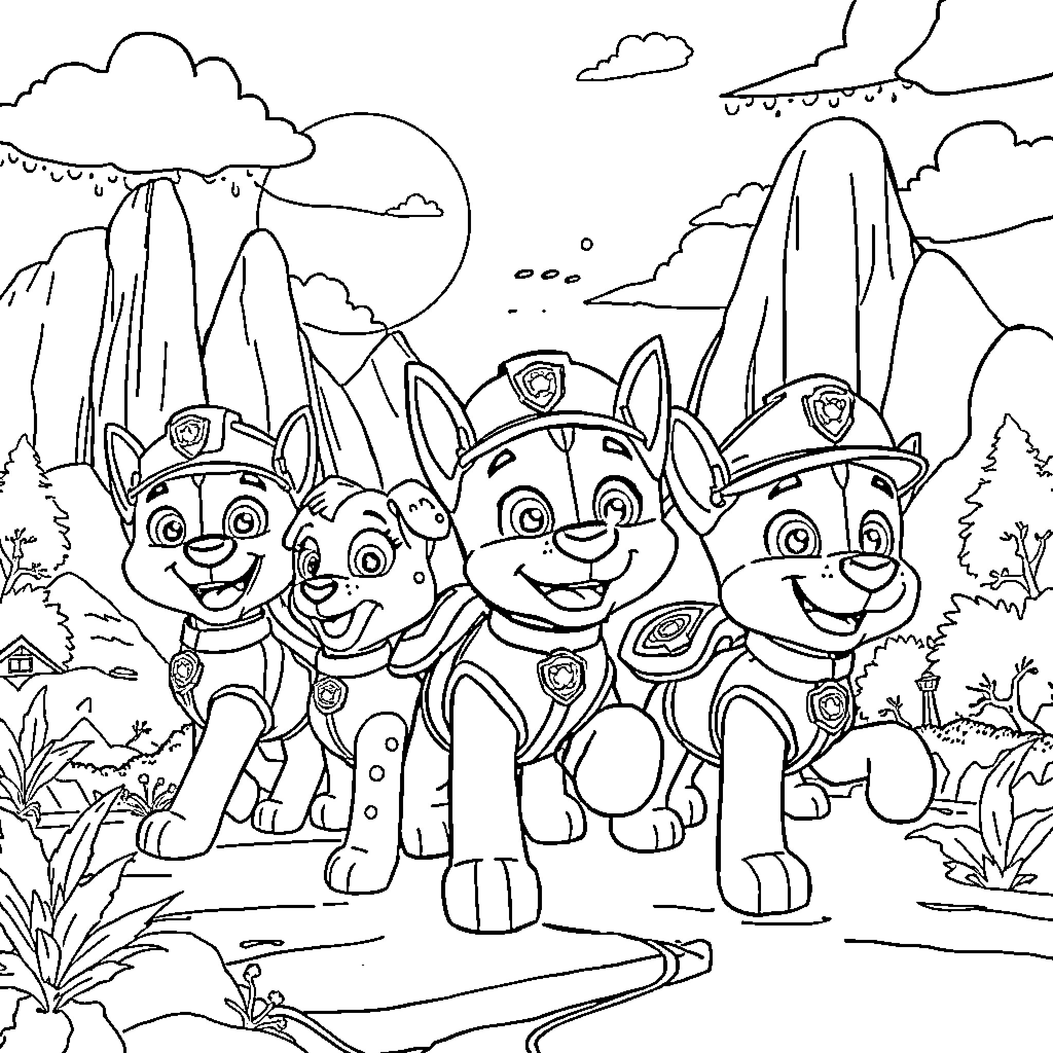 Paw Patrol in a Scenic Adventure Coloring Page (free black-and-white line drawing printable PDF for all, from beginners to advanced learners, including children, teens, adults, and seniors)