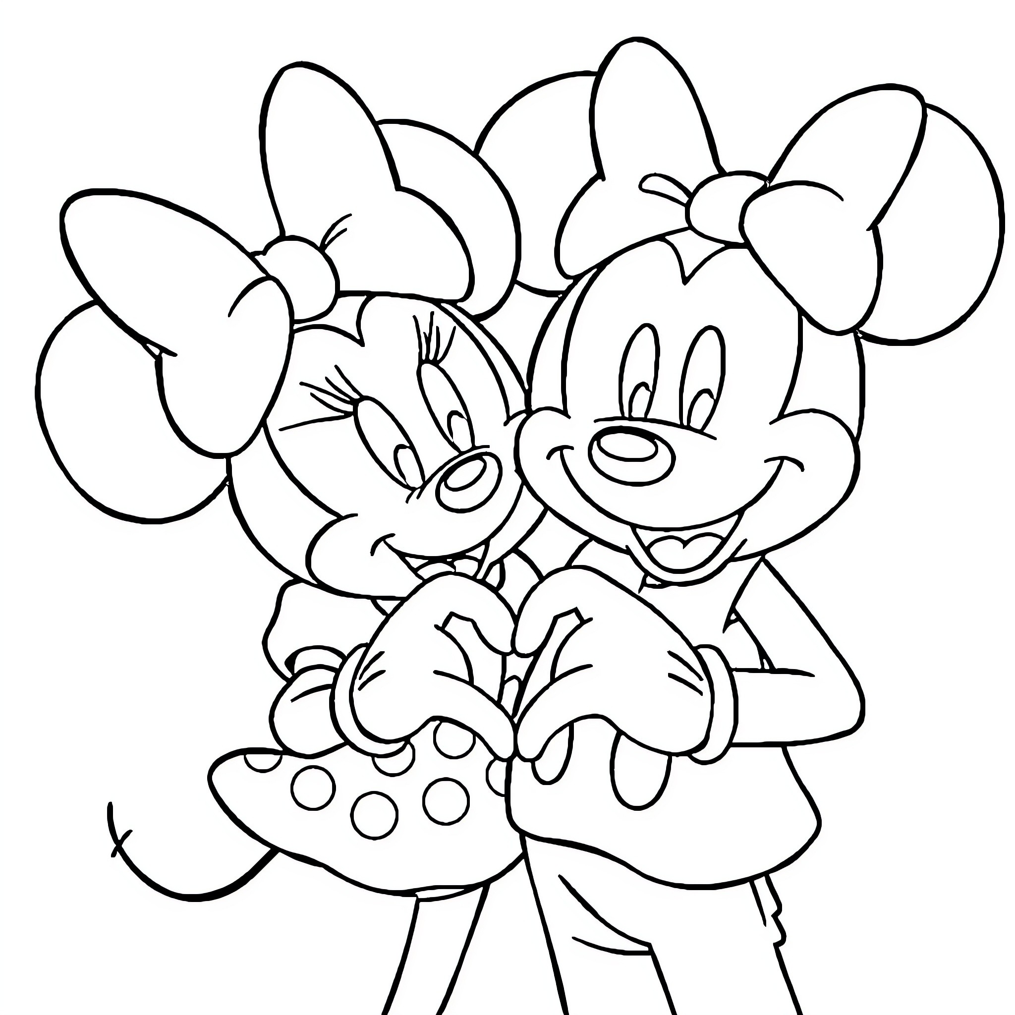 Mickey Mouse and Minnie Mouse in Playful Embrace Coloring Page (free black-and-white line drawing printable PDF for all, from beginners to advanced learners, including children, teens, adults, and seniors)