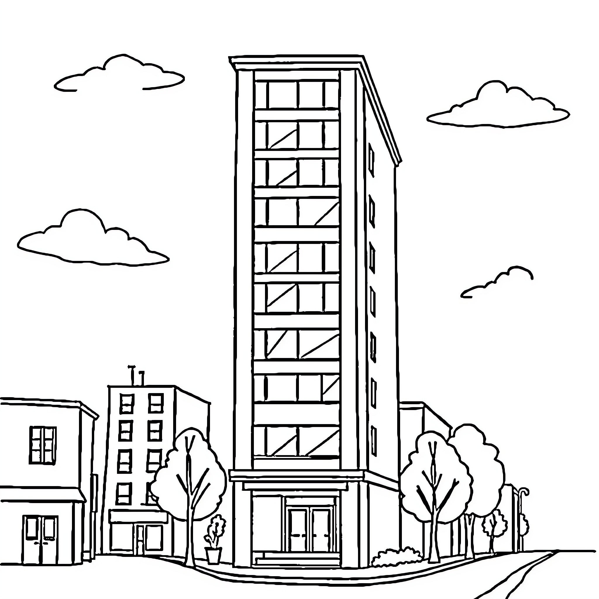 Building with tall windows in a city landscape Coloring Page (free black-and-white line drawing printable PDF for all, from beginners to advanced learners, including children, teens, adults, and seniors)