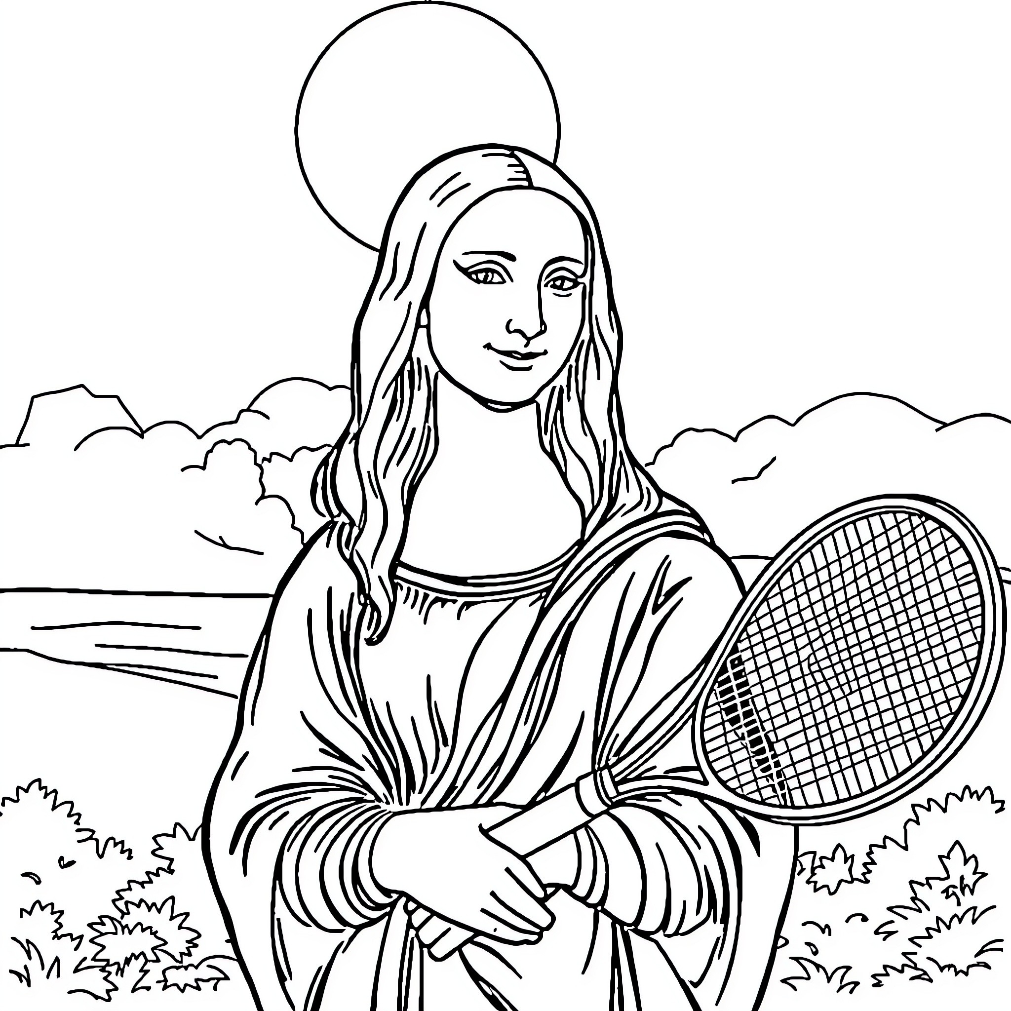 Mona Lisa playing tennis in the countryside Coloring Page (free black-and-white line drawing printable PDF for all, from beginners to advanced learners, including children, teens, adults, and seniors)