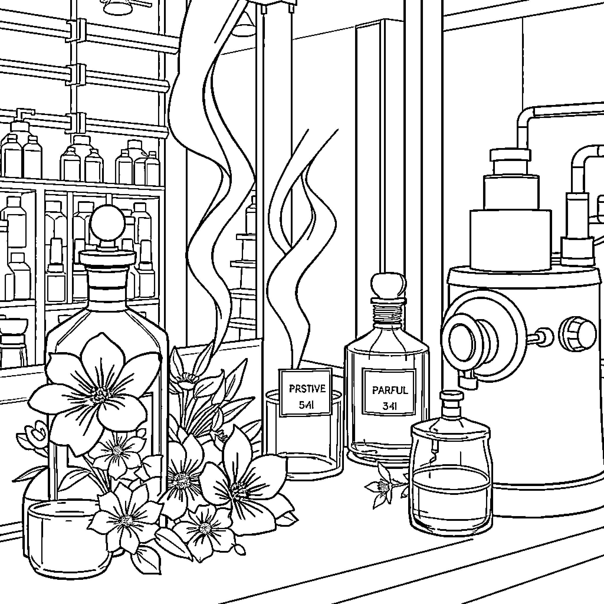 Parfum Collection of Bottles and Flowers Coloring Page (free black-and-white line drawing printable PDF for all, from beginners to advanced learners, including children, teens, adults, and seniors)
