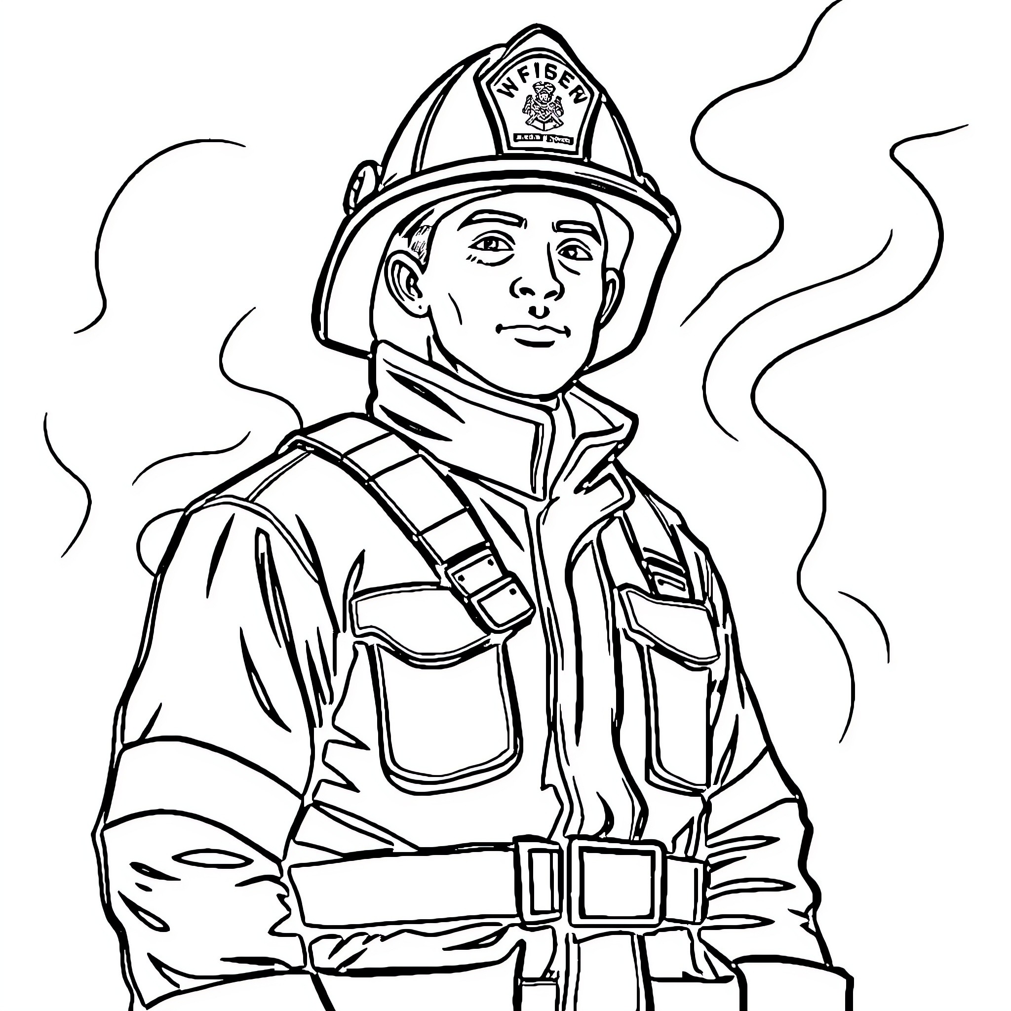 Firefighter in action, ready to respond to an emergency Coloring Page (free black-and-white line drawing printable PDF for all, from beginners to advanced learners, including children, teens, adults, and seniors)