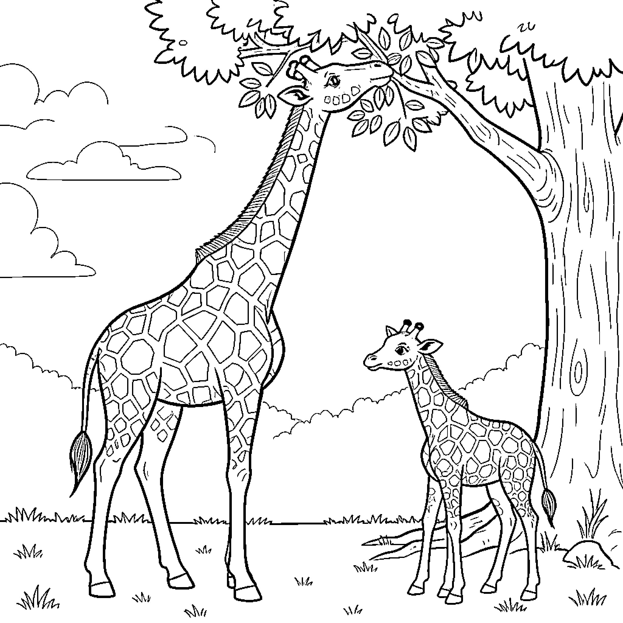 Giraffe eating leaves from a tree near a calf Coloring Page (free black-and-white line drawing printable PDF for all, from beginners to advanced learners, including children, teens, adults, and seniors)