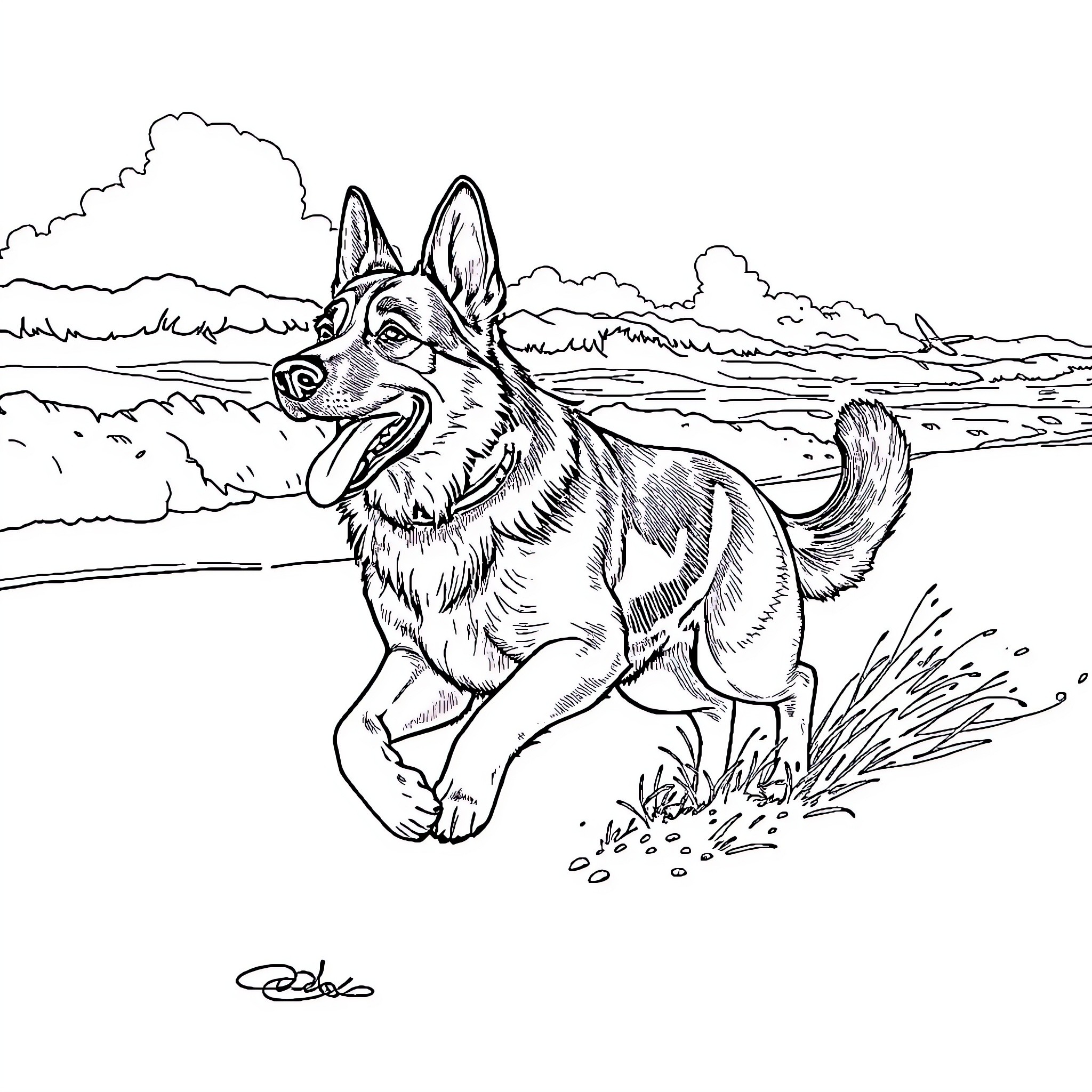 German Shepherd running playfully in nature Coloring Page (free black-and-white line drawing printable PDF for all, from beginners to advanced learners, including children, teens, adults, and seniors)