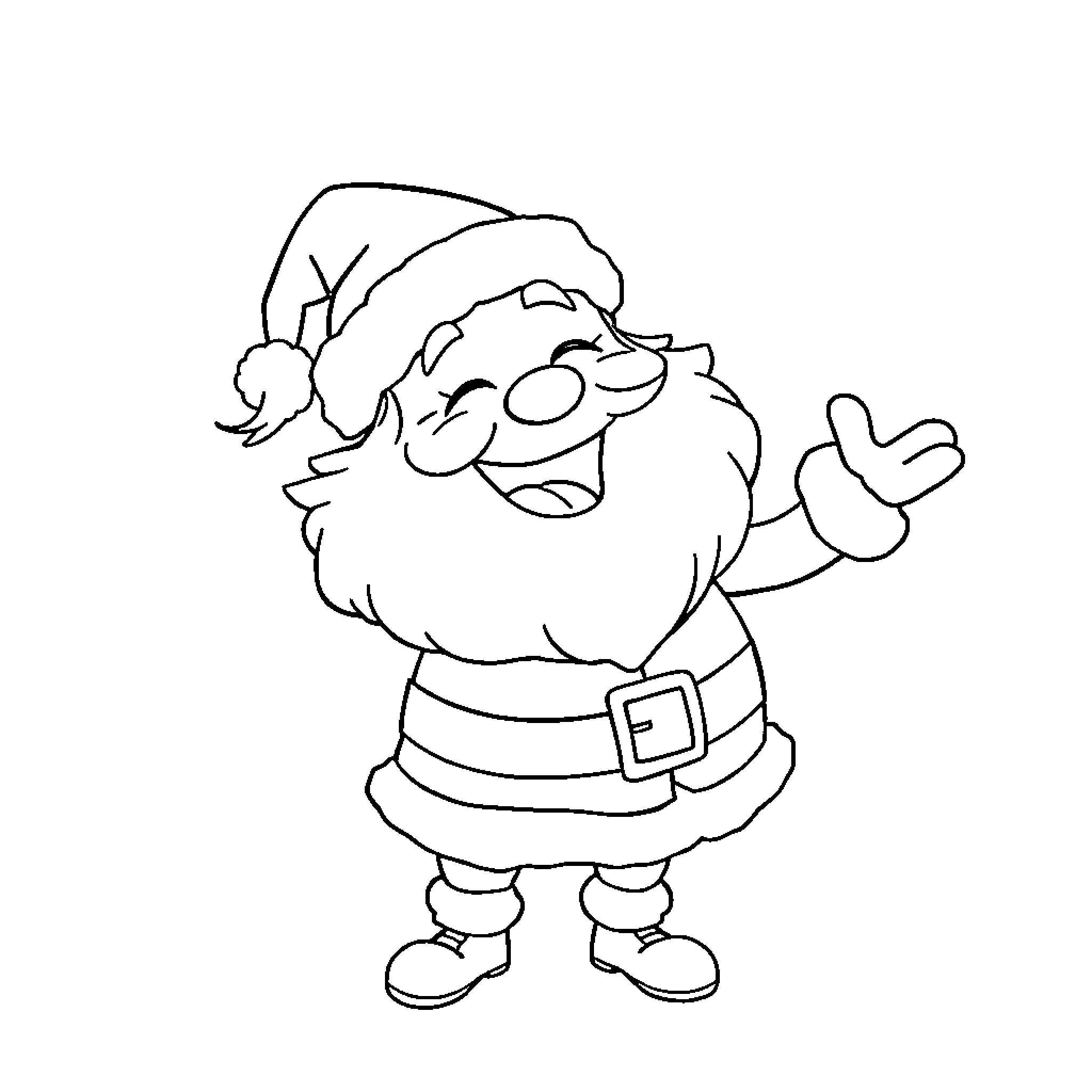 Santa Cheerfully Waving in Festive Outfit Coloring Page (free black-and-white line drawing printable PDF for all, from beginners to advanced learners, including children, teens, adults, and seniors)