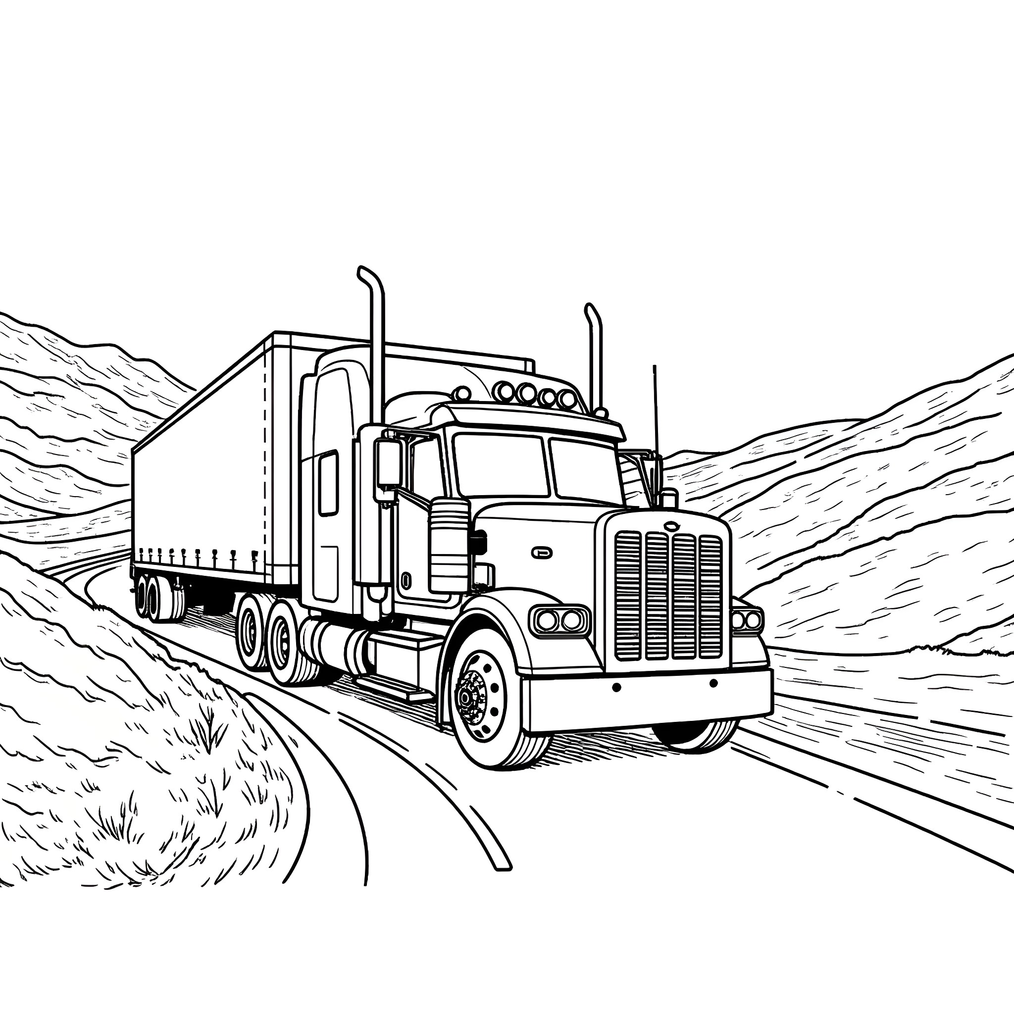 Semi Truck Transporting Cargo on Winding Road Coloring Page (free black-and-white line drawing printable PDF for all, from beginners to advanced learners, including children, teens, adults, and seniors)