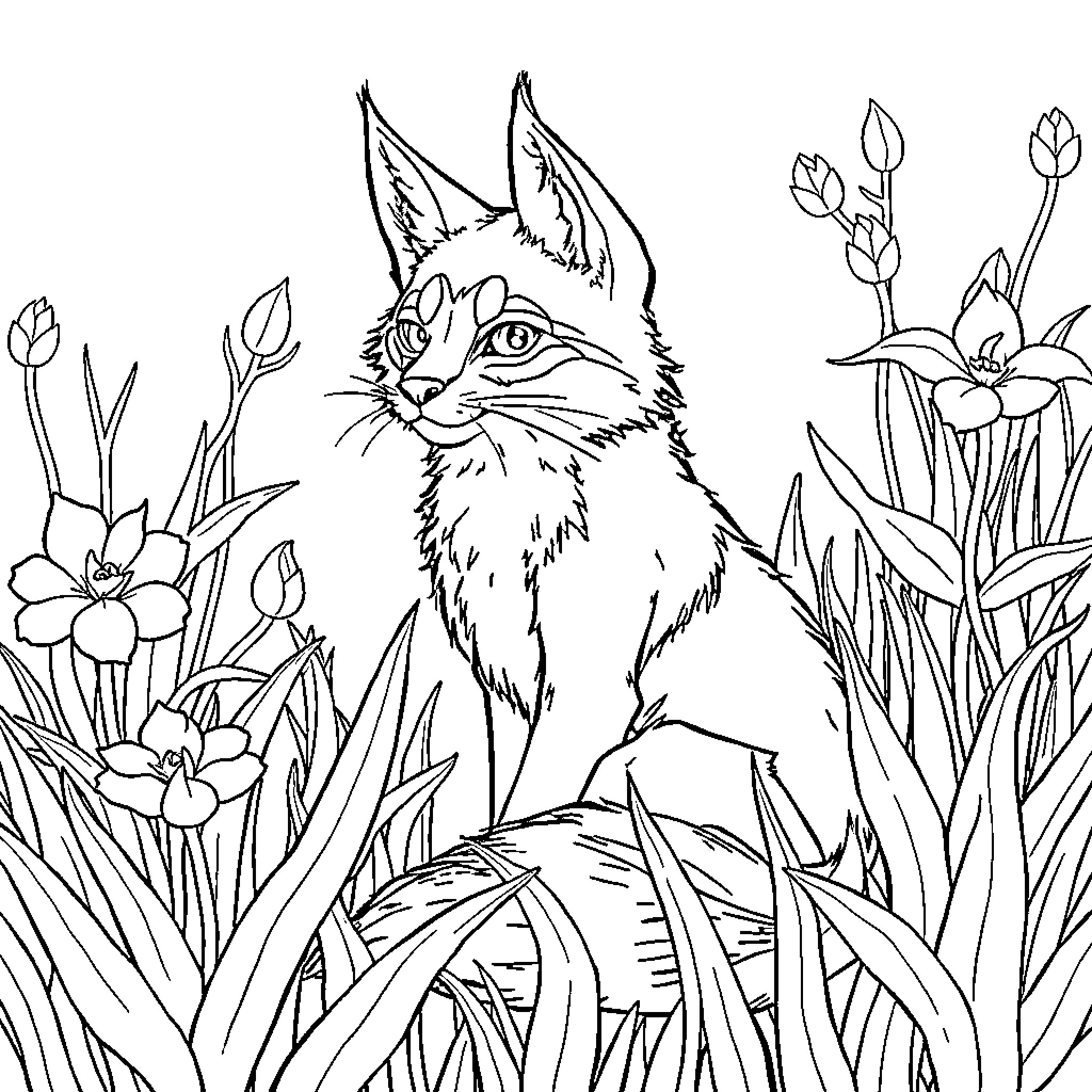 Zorro the Curious Cat in the Garden Coloring Page (free black-and-white line drawing printable PDF for all, from beginners to advanced learners, including children, teens, adults, and seniors)