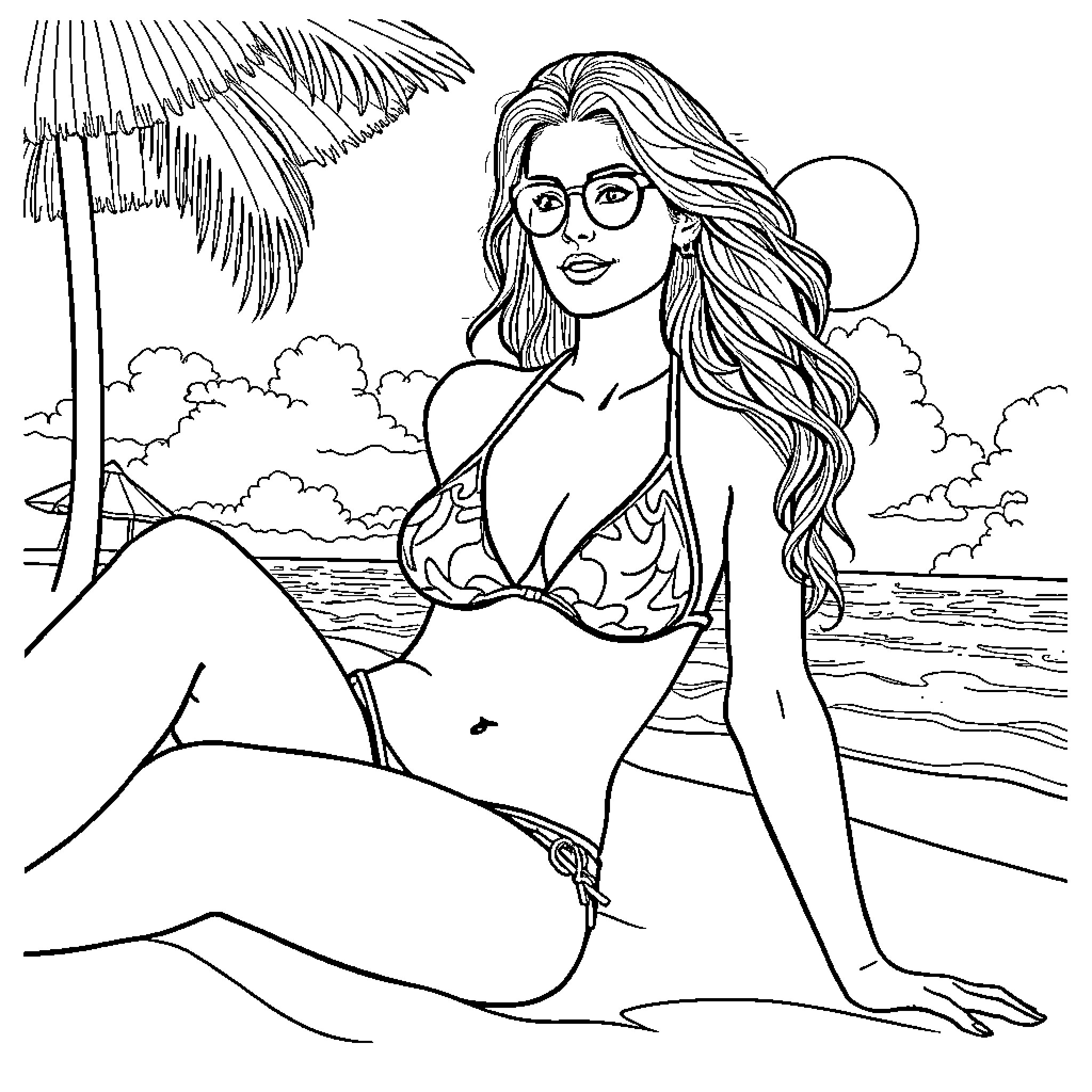 Jennifer Aniston relaxing on the beach Coloring Page (free black-and-white line drawing printable PDF for all, from beginners to advanced learners, including children, teens, adults, and seniors)