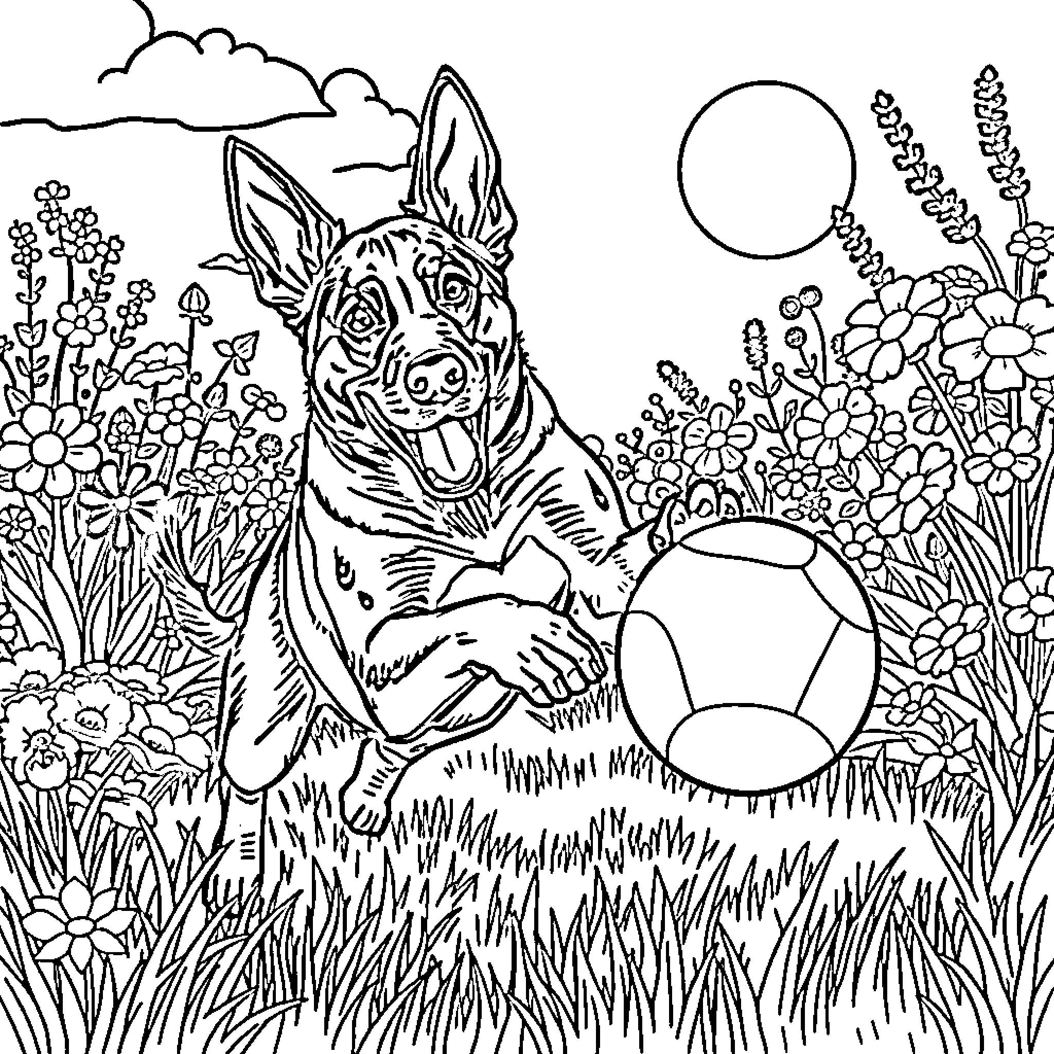 Malinois enjoying a playful day in the garden Coloring Page (free black-and-white line drawing printable PDF for all, from beginners to advanced learners, including children, teens, adults, and seniors)