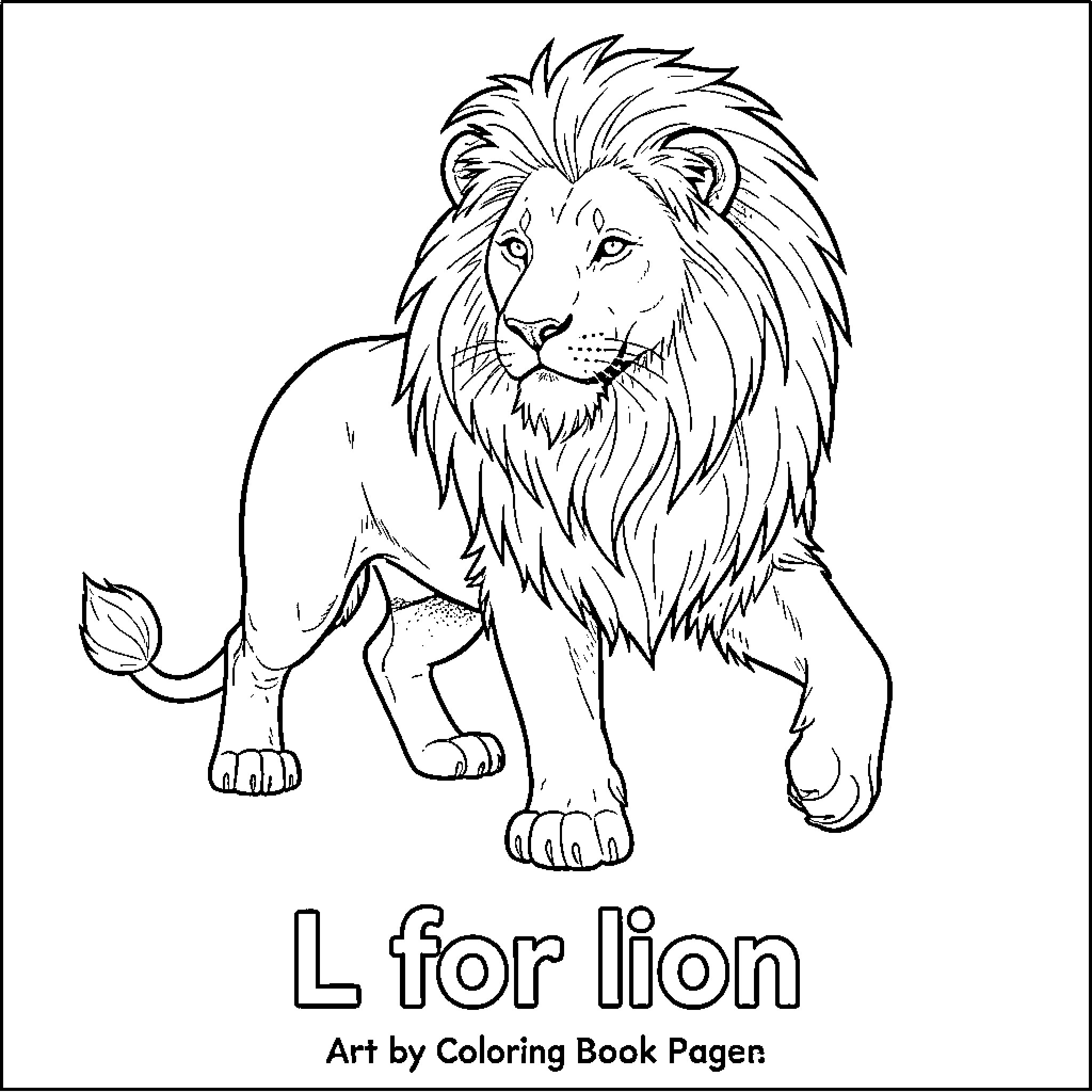 Lion walking majestically through the wild Coloring Page (free black-and-white line drawing printable PDF for all, from beginners to advanced learners, including children, teens, adults, and seniors)