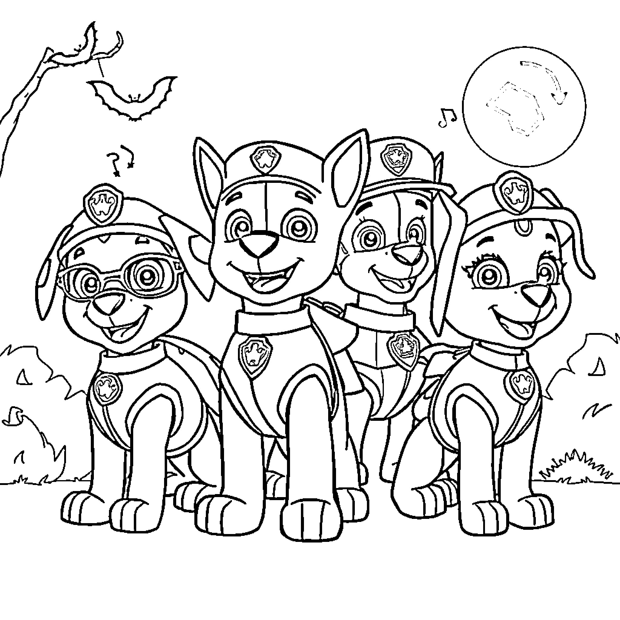 Paw Patrol characters in action poses Coloring Page (free black-and-white line drawing printable PDF for all, from beginners to advanced learners, including children, teens, adults, and seniors)