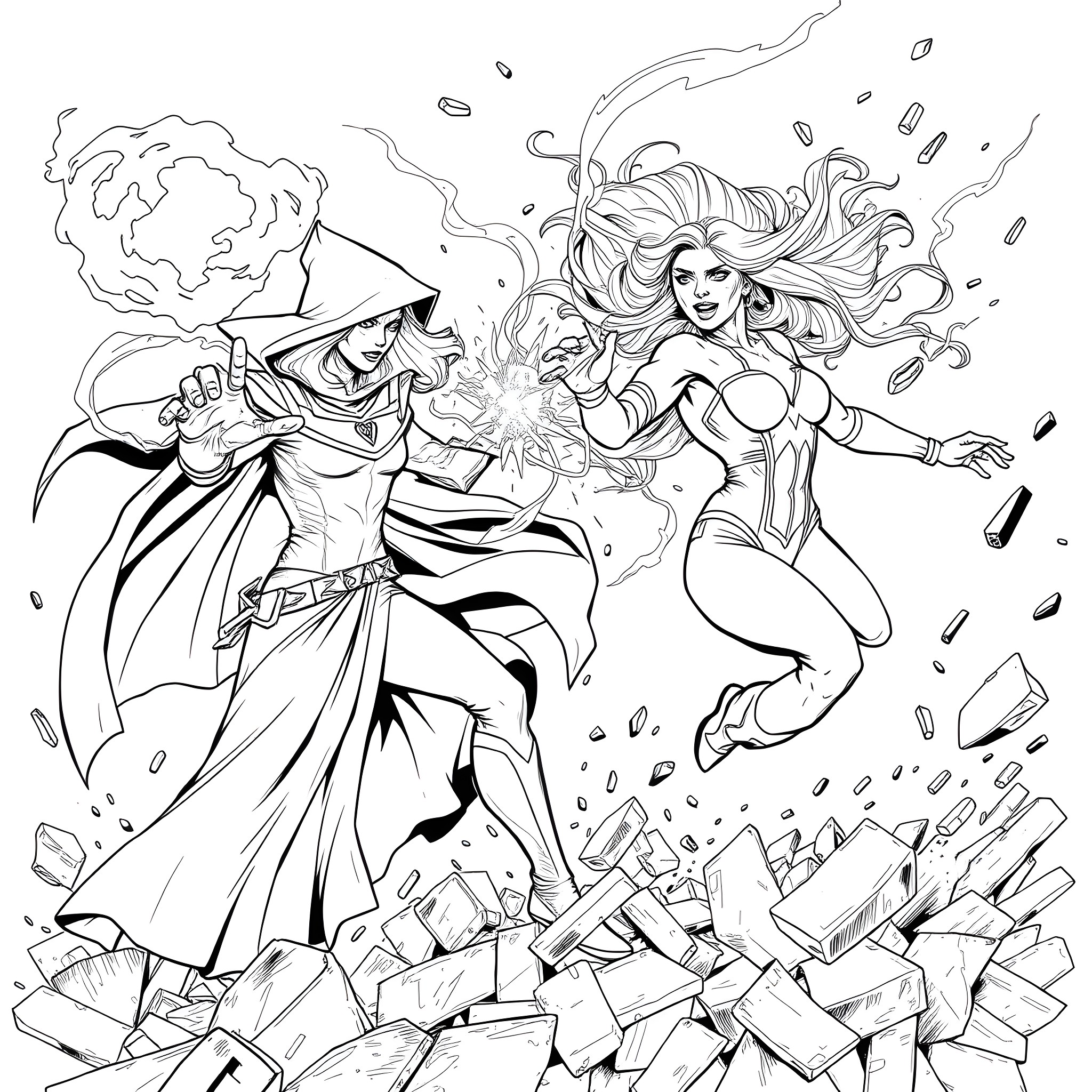 Scarlet Witch unleashing powerful energy in battle Coloring Page (free black-and-white line drawing printable PDF for all, from beginners to advanced learners, including children, teens, adults, and seniors)