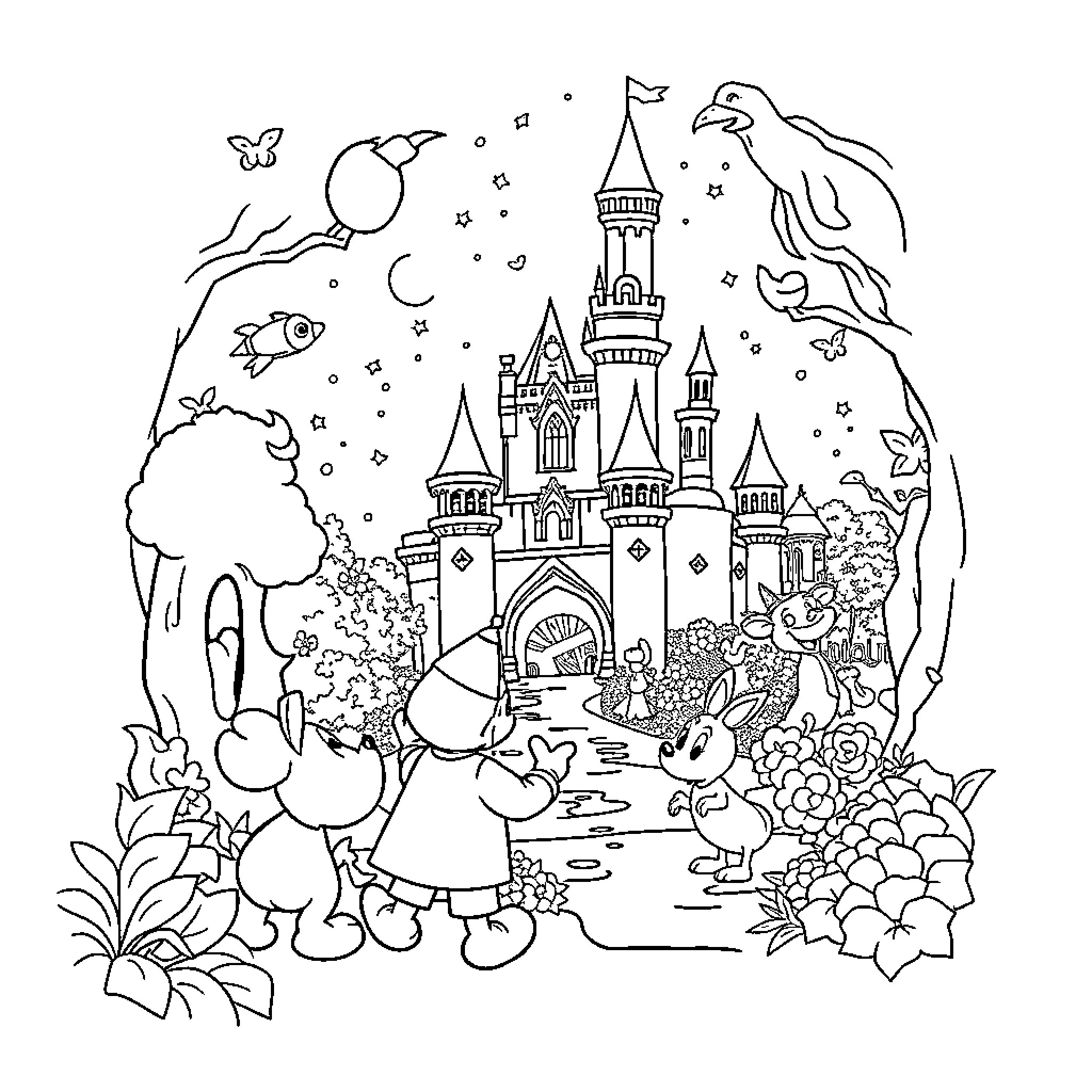 Disney characters enjoying a magical castle scene Coloring Page (free black-and-white line drawing printable PDF for all, from beginners to advanced learners, including children, teens, adults, and seniors)