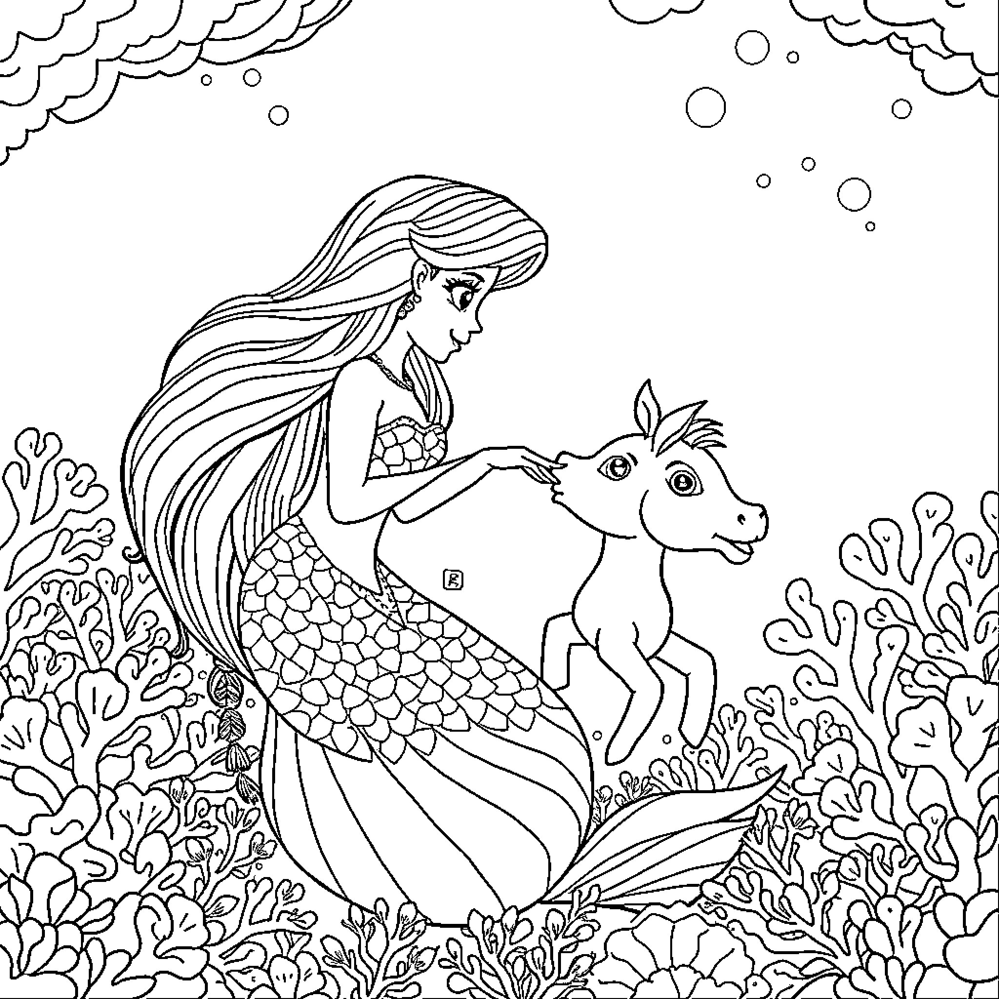 Sirena's Underwater Adventure with Seahorse Coloring Page (free black-and-white line drawing printable PDF for all, from beginners to advanced learners, including children, teens, adults, and seniors)