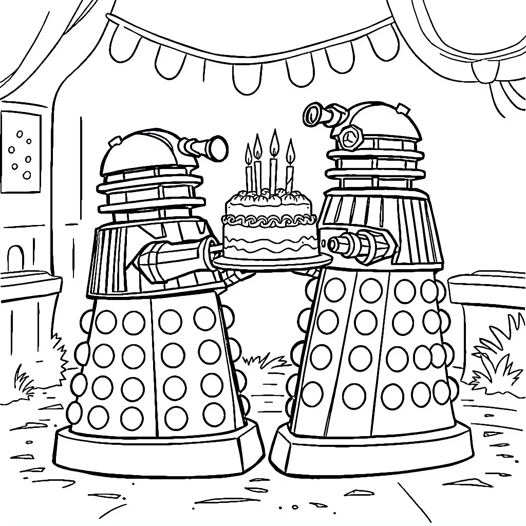 Dalek birthday celebration with cake and decorations Coloring Page (free black-and-white line drawing printable PDF for all, from beginners to advanced learners, including children, teens, adults, and seniors)