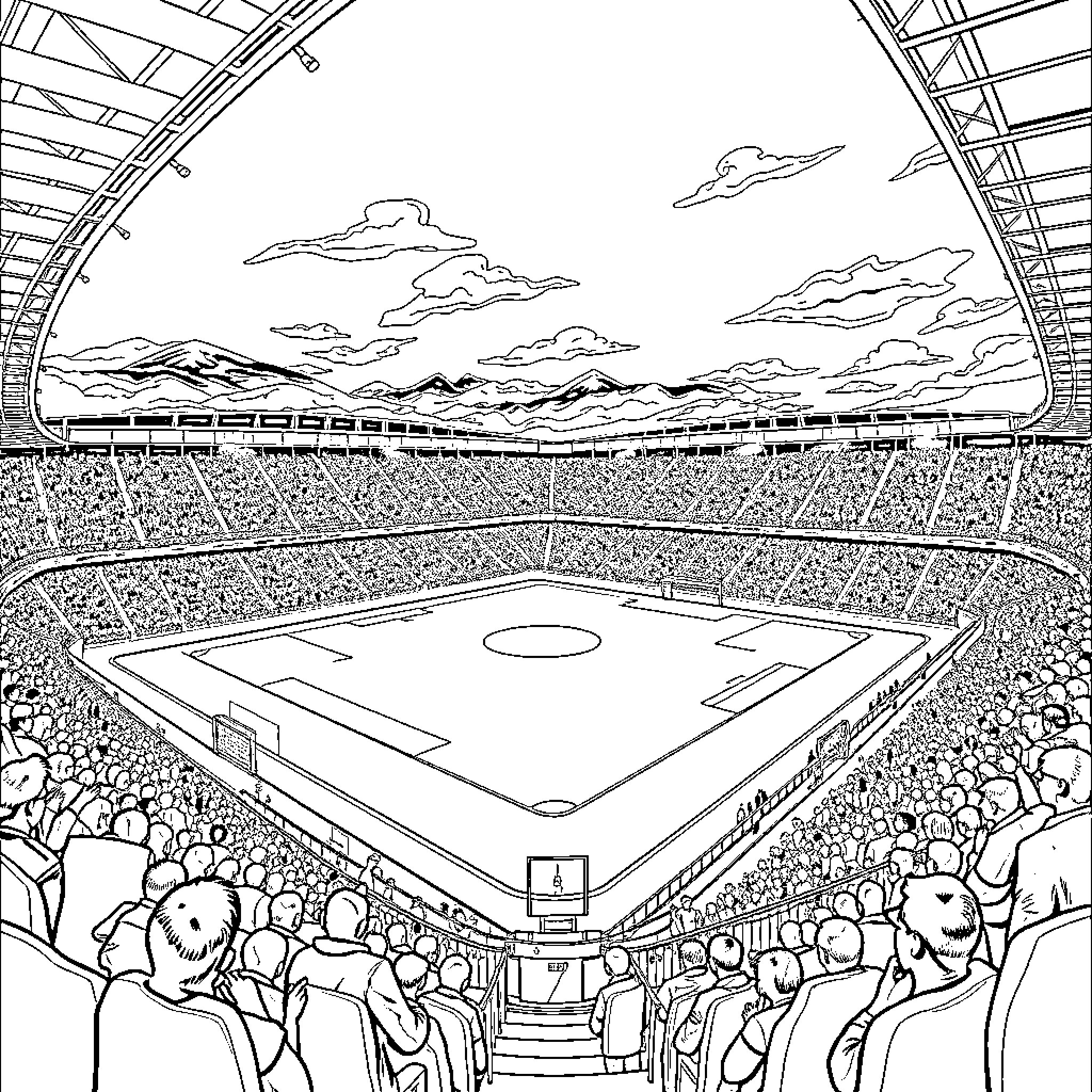 Old Trafford Crowd Eagerly Awaits the Match Coloring Page (free black-and-white line drawing printable PDF for all, from beginners to advanced learners, including children, teens, adults, and seniors)