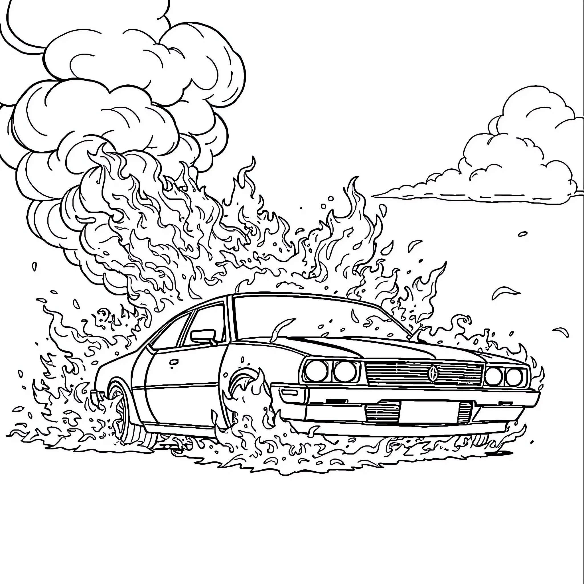 Car engulfed in flames on the road Coloring Page (free black-and-white line drawing printable PDF for all, from beginners to advanced learners, including children, teens, adults, and seniors)