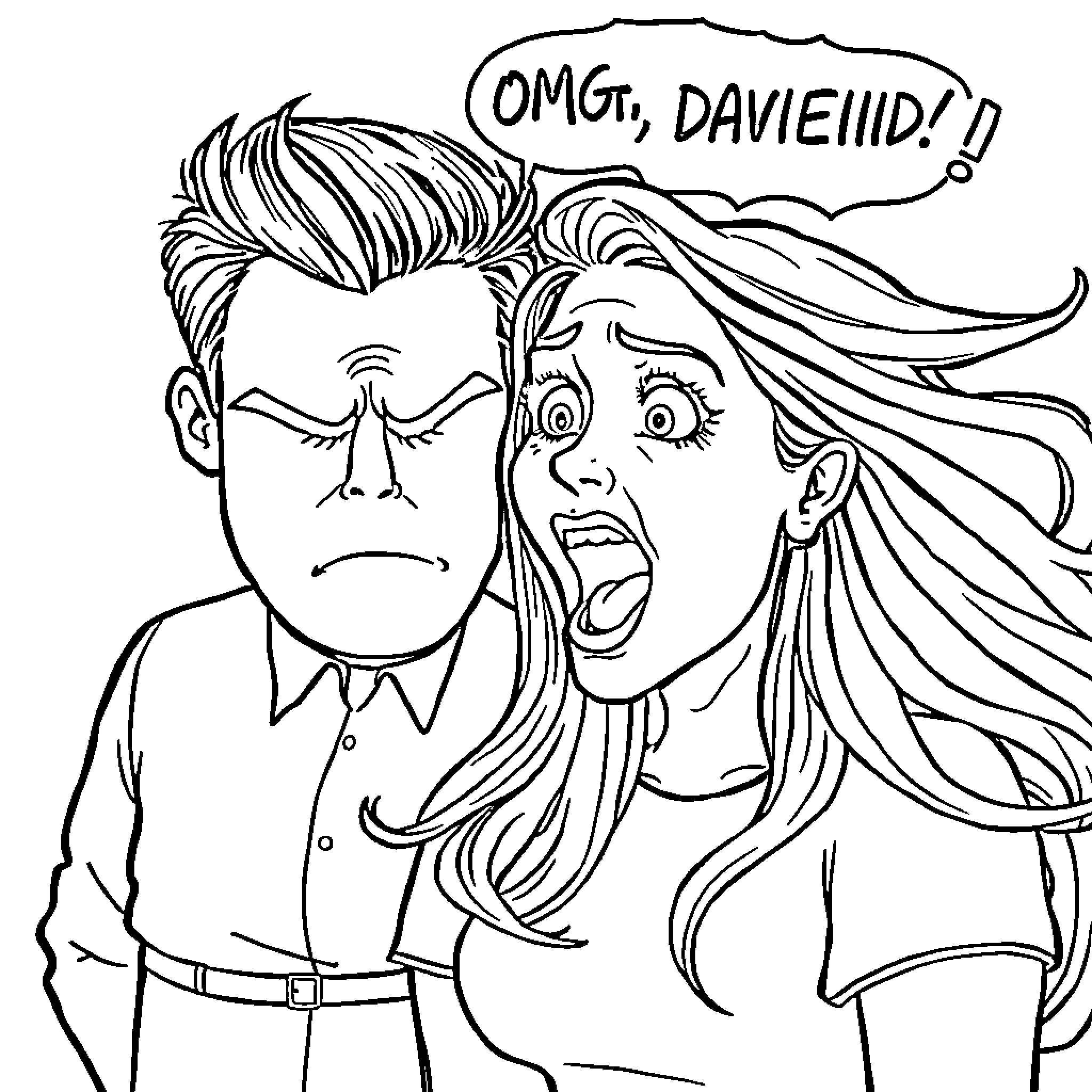 Schitt's Creek characters in comical expressions Coloring Page (free black-and-white line drawing printable PDF for all, from beginners to advanced learners, including children, teens, adults, and seniors)