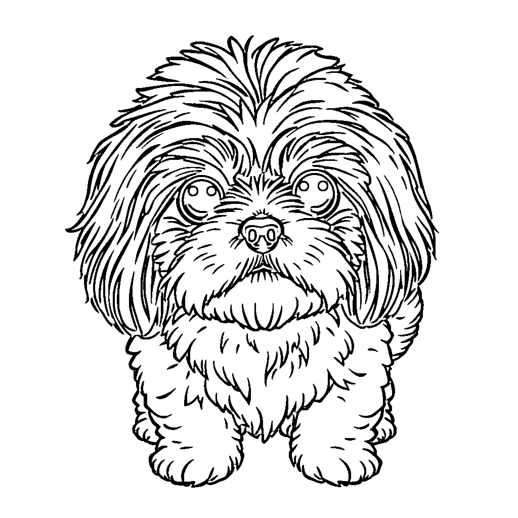 Shih Tzu with Expressive Facial Features Coloring Page (free black-and-white line drawing printable PDF for all, from beginners to advanced learners, including children, teens, adults, and seniors)