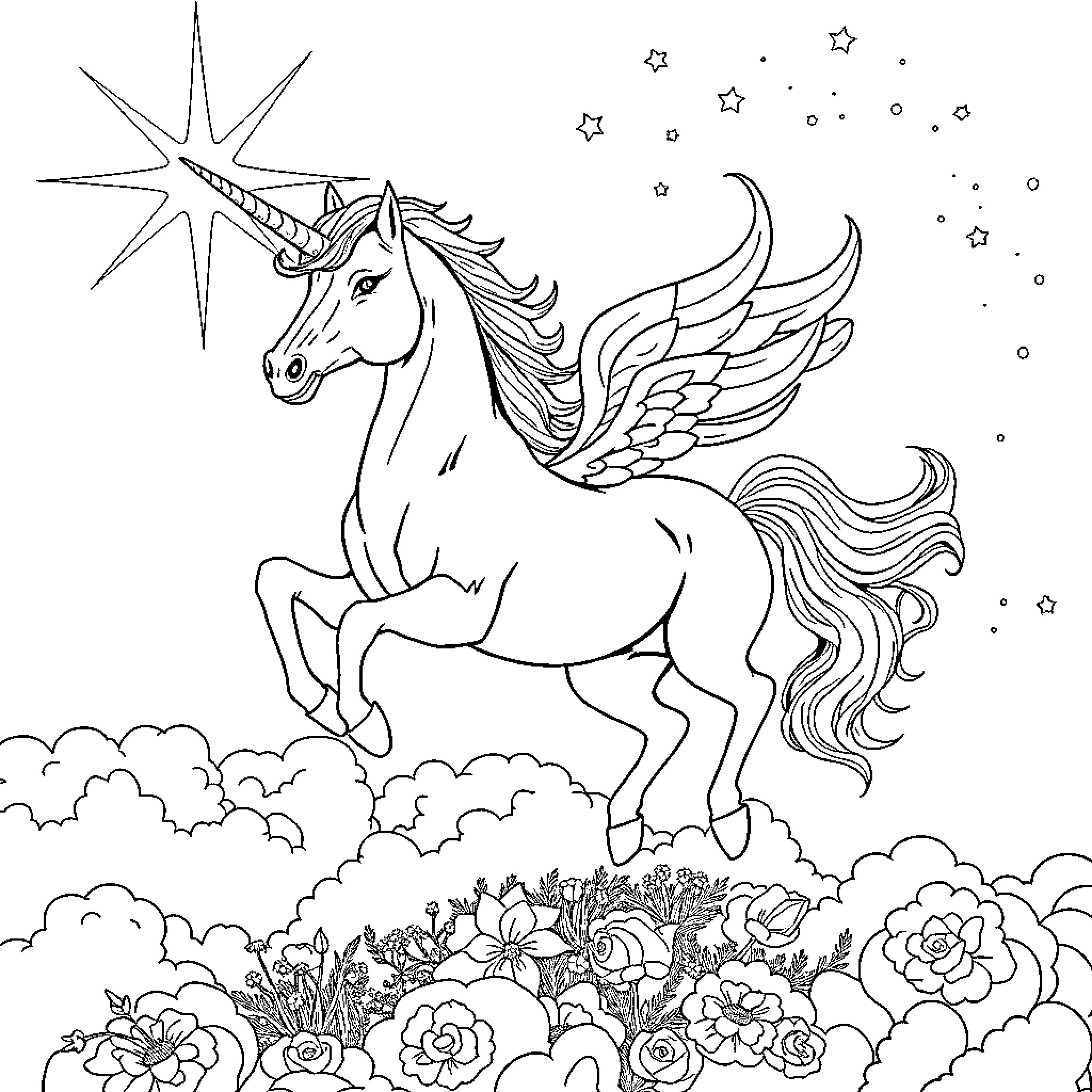 Unicorn soaring through the starry night sky Coloring Page (free black-and-white line drawing printable PDF for all, from beginners to advanced learners, including children, teens, adults, and seniors)