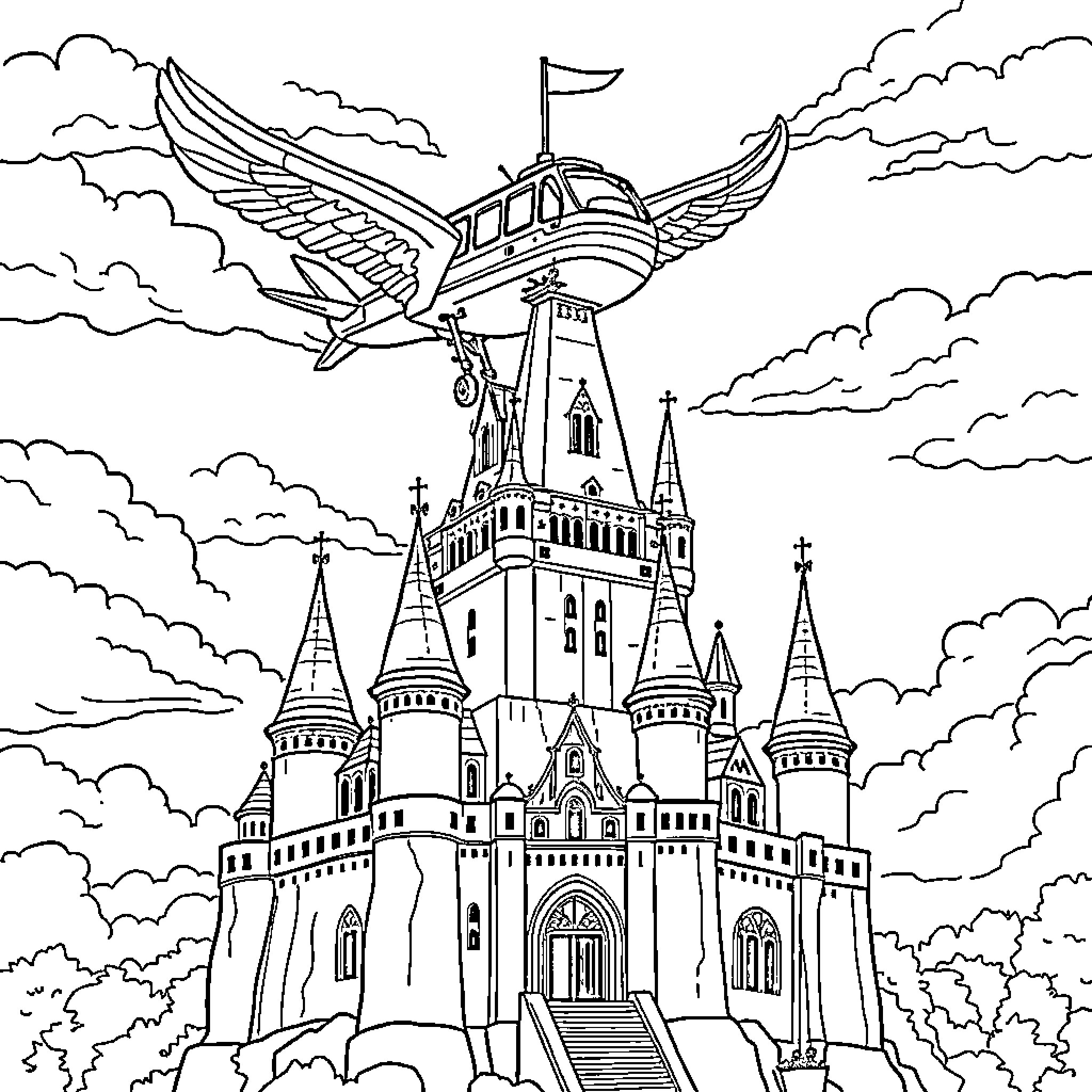 Flying Truck Soaring Over Majestic Castle in Clouds Coloring Page (free black-and-white line drawing printable PDF for all, from beginners to advanced learners, including children, teens, adults, and seniors)