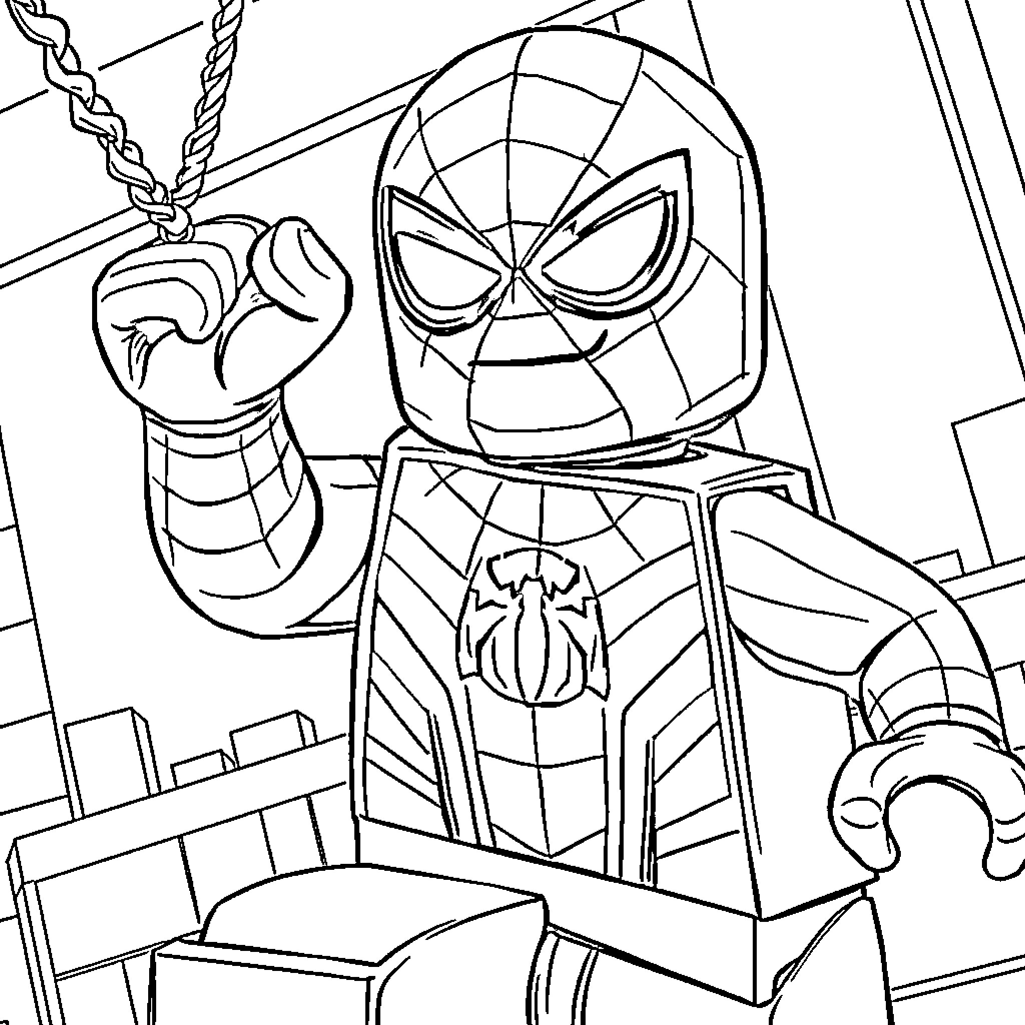 Lego Spiderman in an intense action pose Coloring Page (free black-and-white line drawing printable PDF for all, from beginners to advanced learners, including children, teens, adults, and seniors)