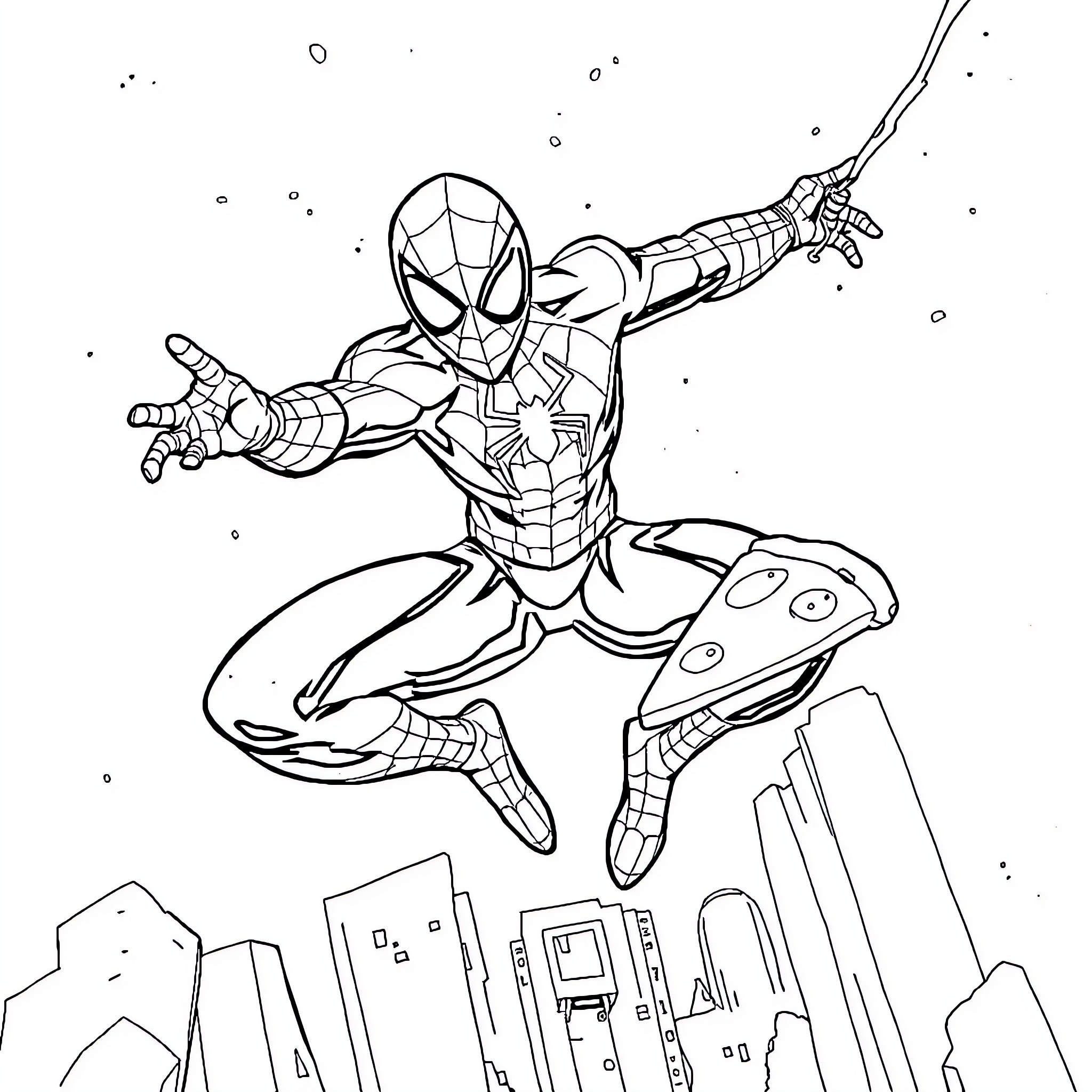 Spiderman heroically leaping through the city skyline Coloring Page (free black-and-white line drawing printable PDF for all, from beginners to advanced learners, including children, teens, adults, and seniors)