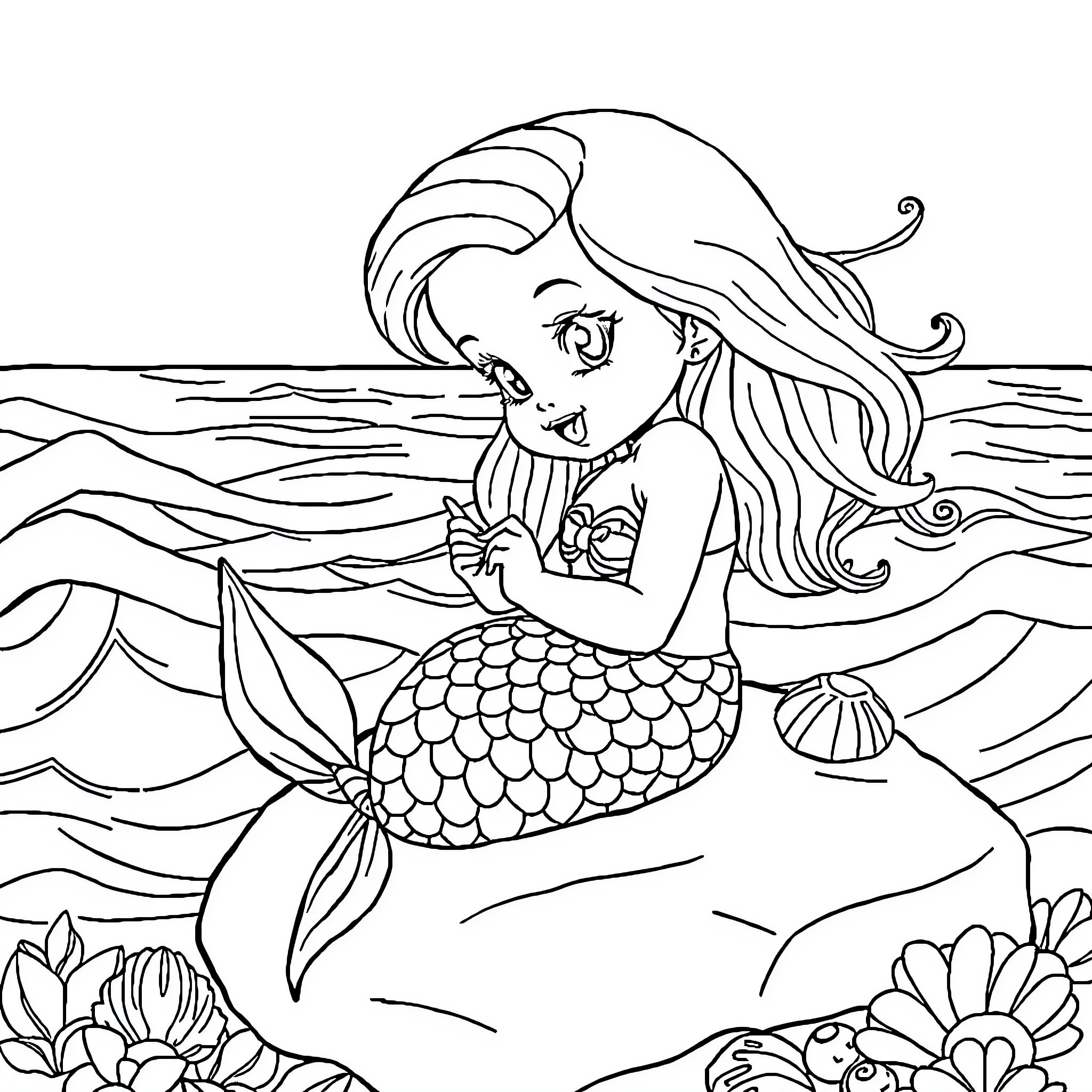 Mermaid enjoying the underwater scenery Coloring Page (free black-and-white line drawing printable PDF for all, from beginners to advanced learners, including children, teens, adults, and seniors)