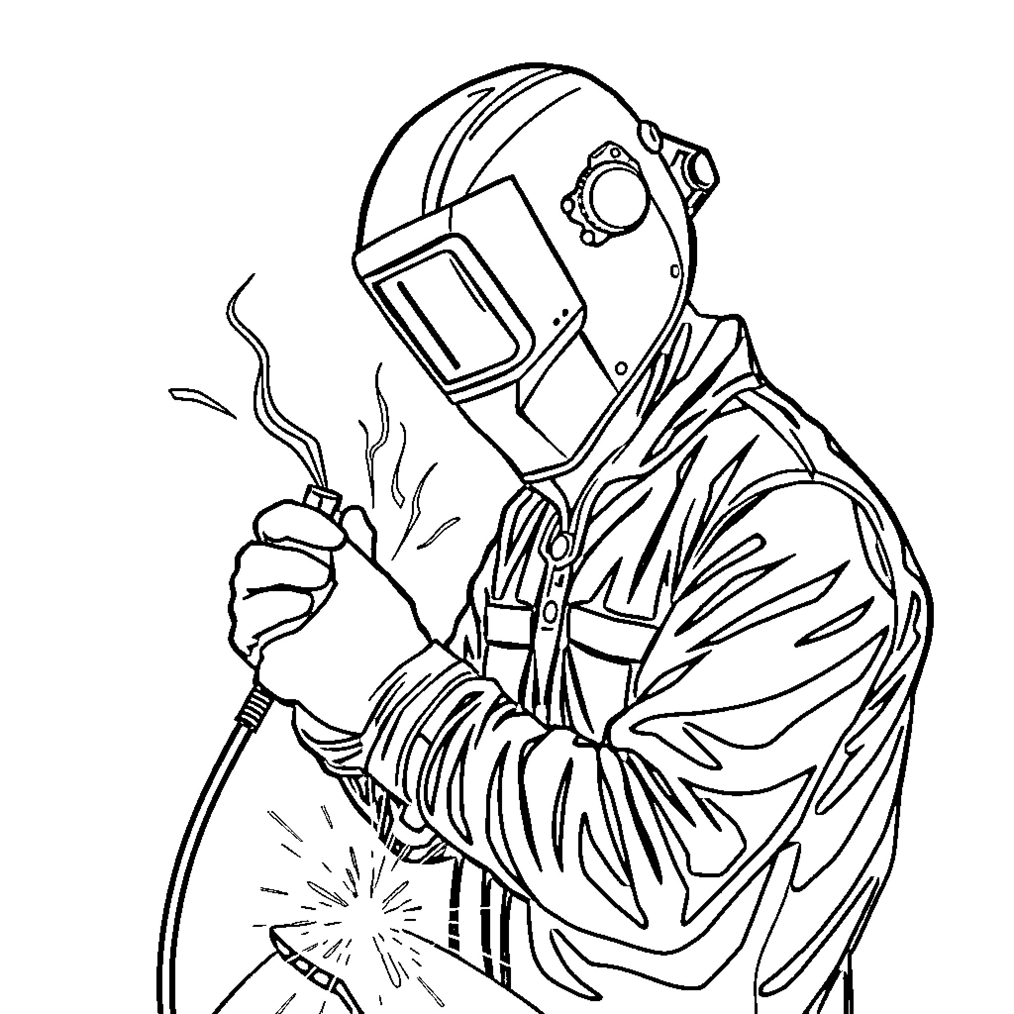 Welder Engaged in Skilled Metalwork Task Coloring Page (free black-and-white line drawing printable PDF for all, from beginners to advanced learners, including children, teens, adults, and seniors)