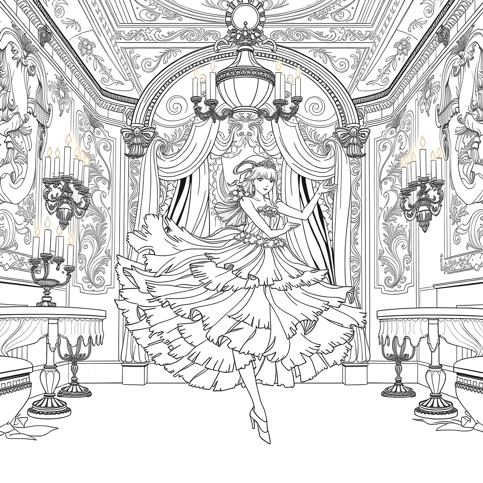 Babette's Elegant Dance in a Lavish Ballroom Coloring Page (free black-and-white line drawing printable PDF for all, from beginners to advanced learners, including children, teens, adults, and seniors)