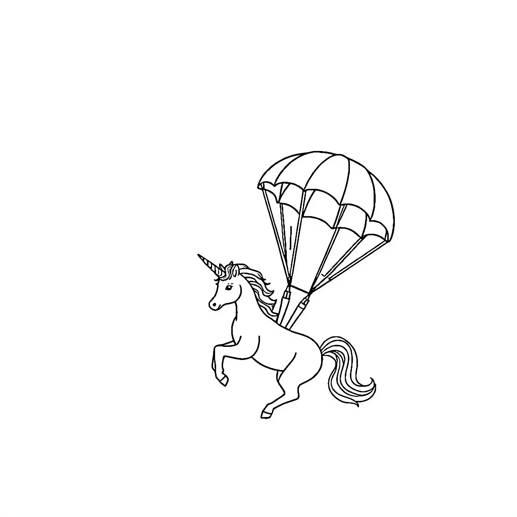 Unicorn parachuting with whimsical delight Coloring Page (free black-and-white line drawing printable PDF for all, from beginners to advanced learners, including children, teens, adults, and seniors)