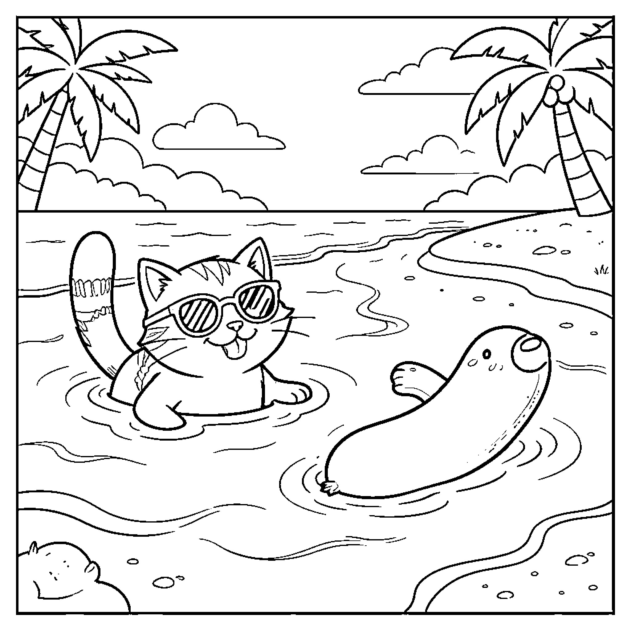 Gato relaxing on a tropical beach Coloring Page (free black-and-white line drawing printable PDF for all, from beginners to advanced learners, including children, teens, adults, and seniors)