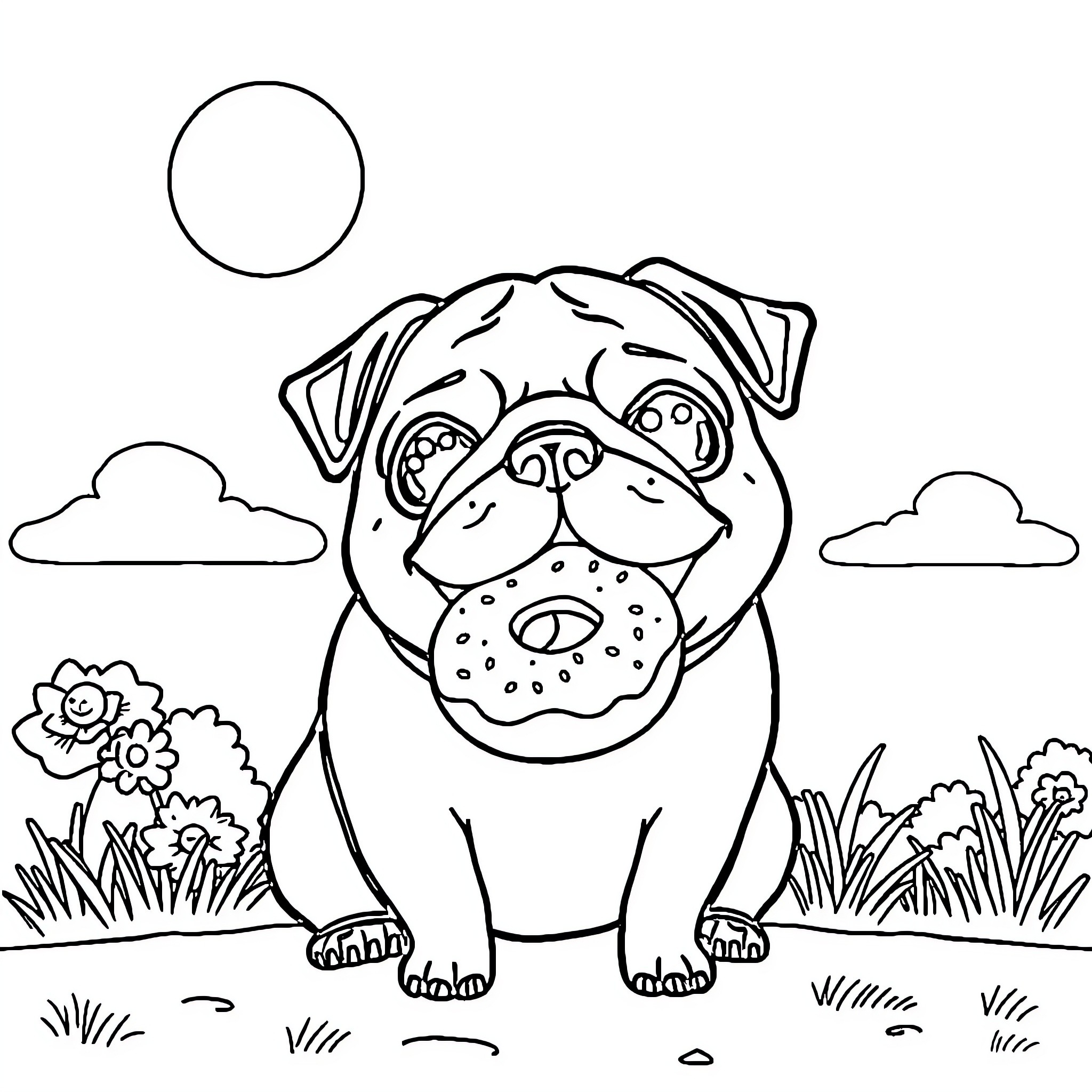 Pug playing happily in the garden Coloring Page (free black-and-white line drawing printable PDF for all, from beginners to advanced learners, including children, teens, adults, and seniors)