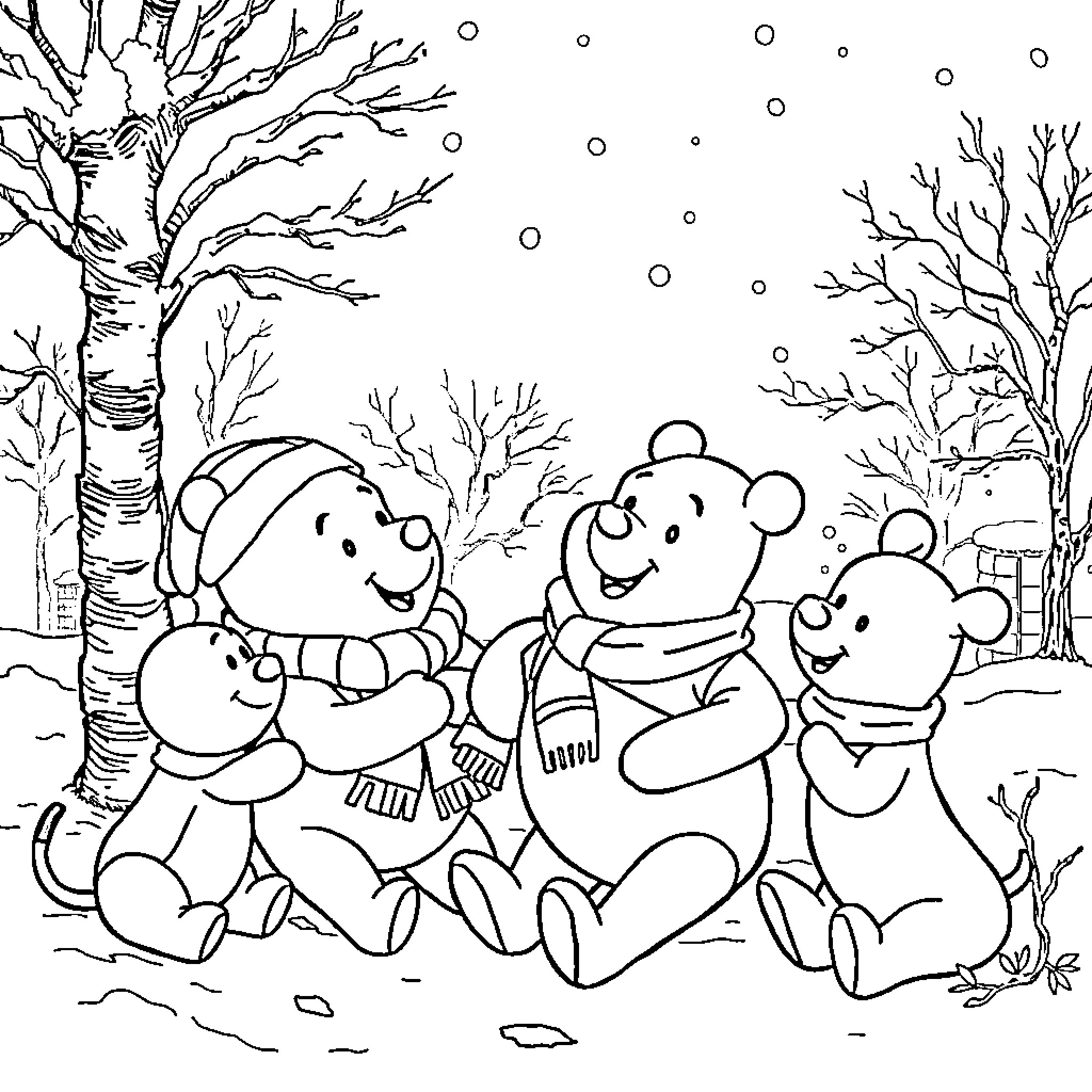 Winnie The Pooh and friends sitting together in the snow Coloring Page (free black-and-white line drawing printable PDF for all, from beginners to advanced learners, including children, teens, adults, and seniors)