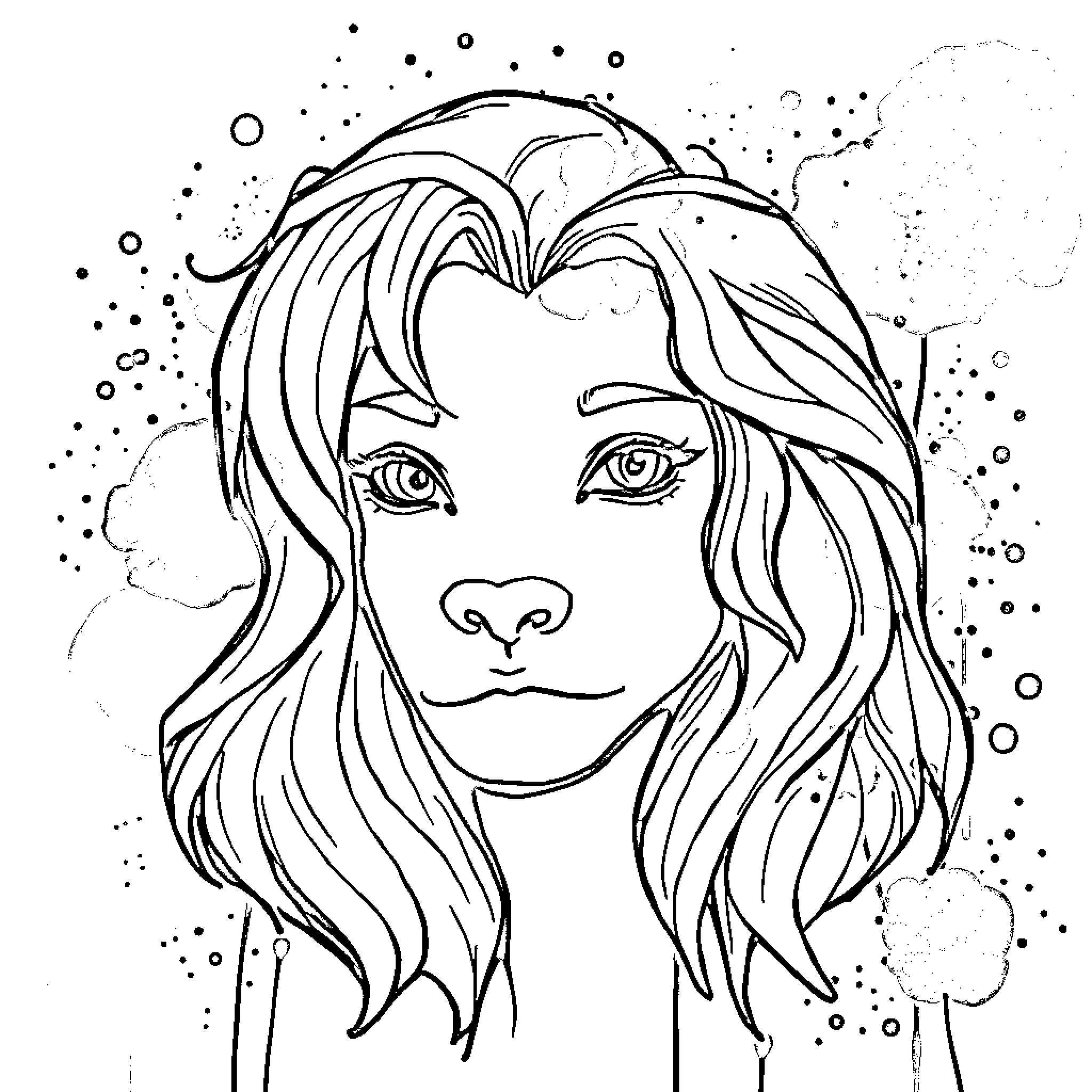 Splash of imagination with a pensive gaze Coloring Page (free black-and-white line drawing printable PDF for all, from beginners to advanced learners, including children, teens, adults, and seniors)