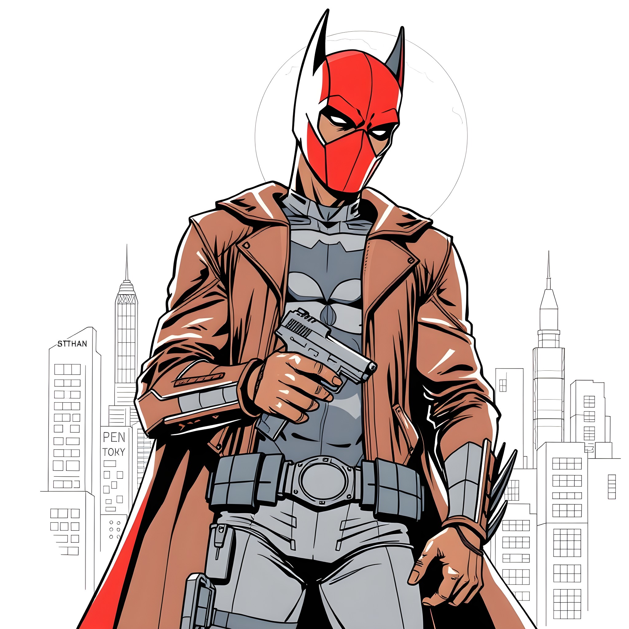 Red Hood's Vigilante Actions in the City Coloring Page (free black-and-white line drawing printable PDF for all, from beginners to advanced learners, including children, teens, adults, and seniors)