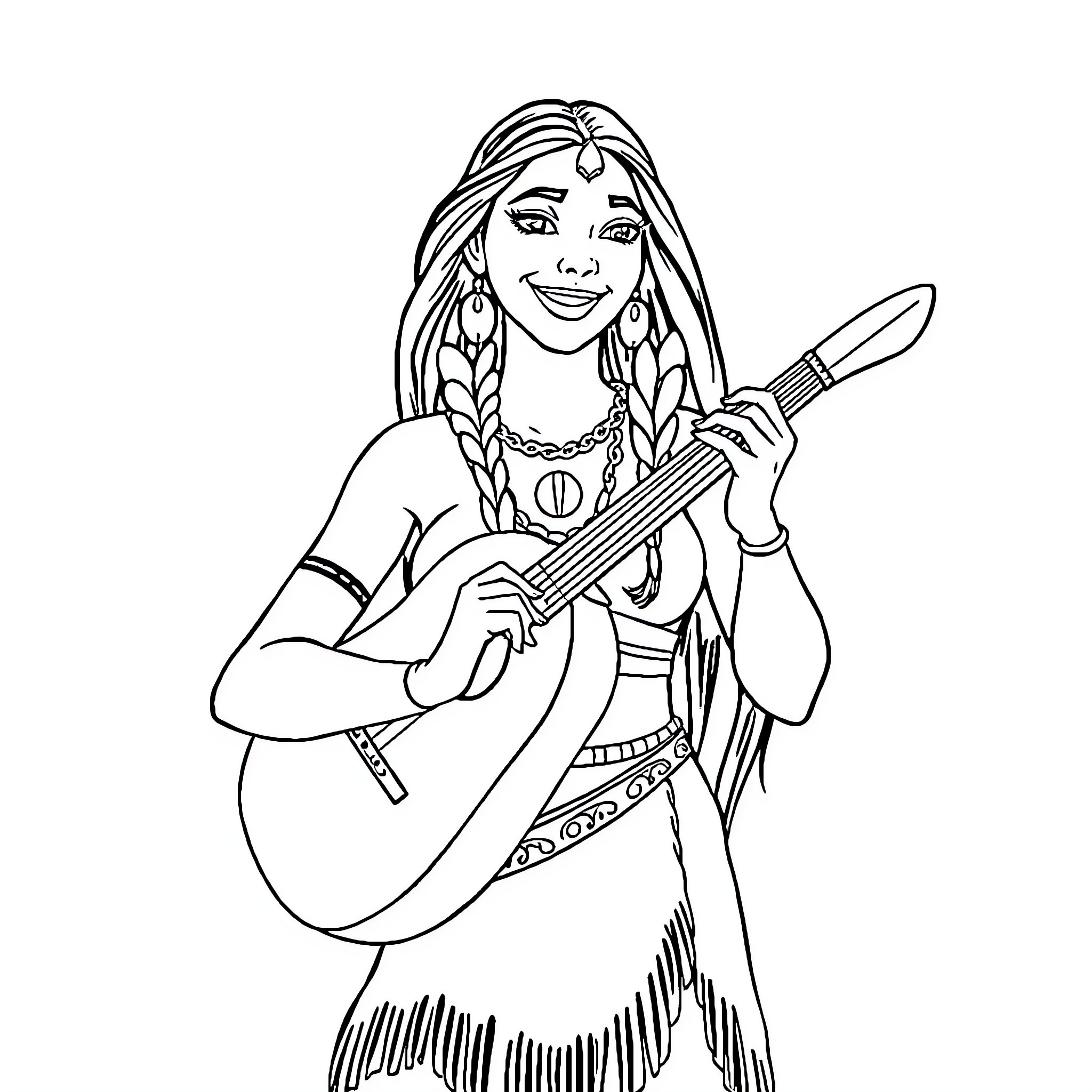 Pocahontas playing guitar with traditional attire Coloring Page (free black-and-white line drawing printable PDF for all, from beginners to advanced learners, including children, teens, adults, and seniors)