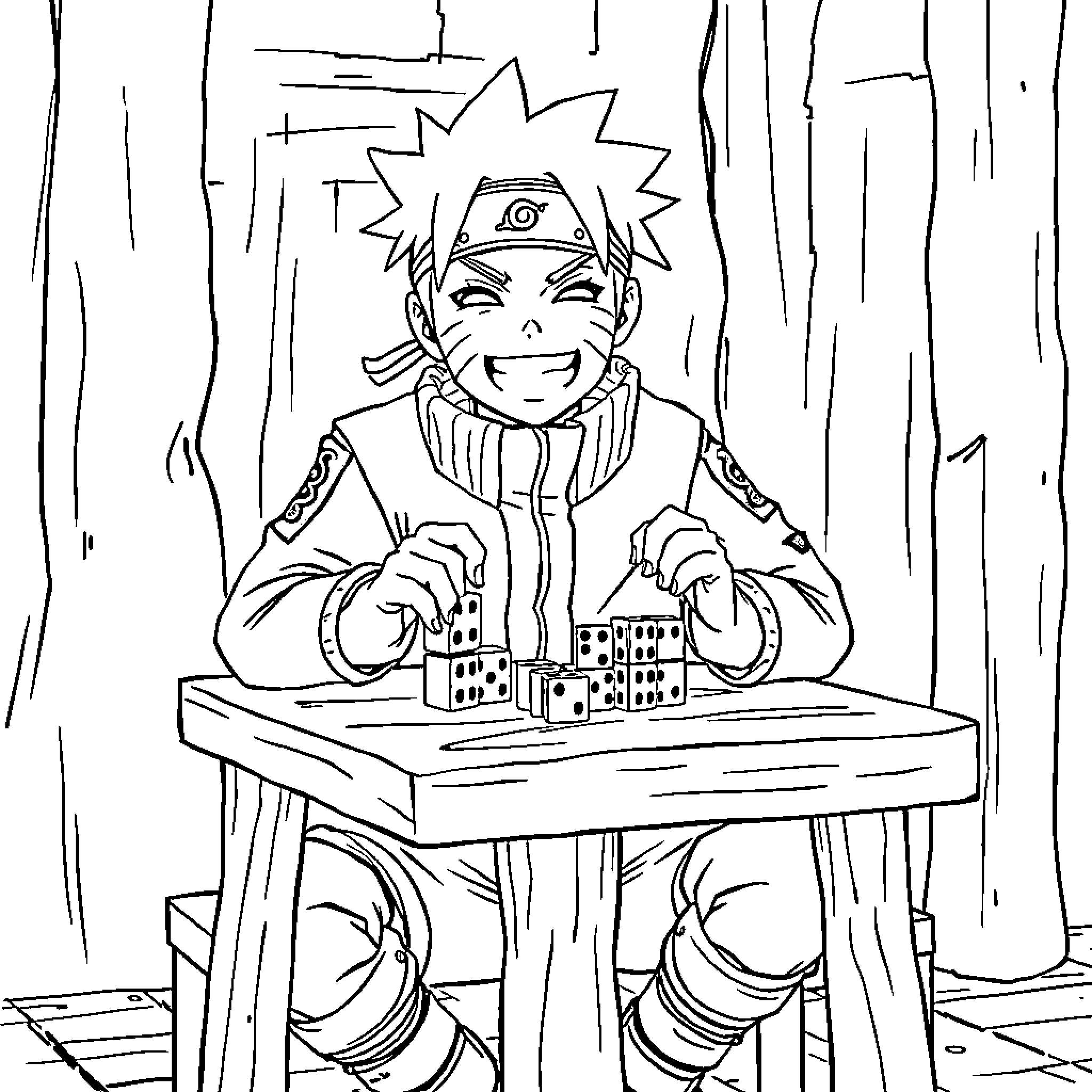 Naruto playing with dice in the woods Coloring Page (free black-and-white line drawing printable PDF for all, from beginners to advanced learners, including children, teens, adults, and seniors)