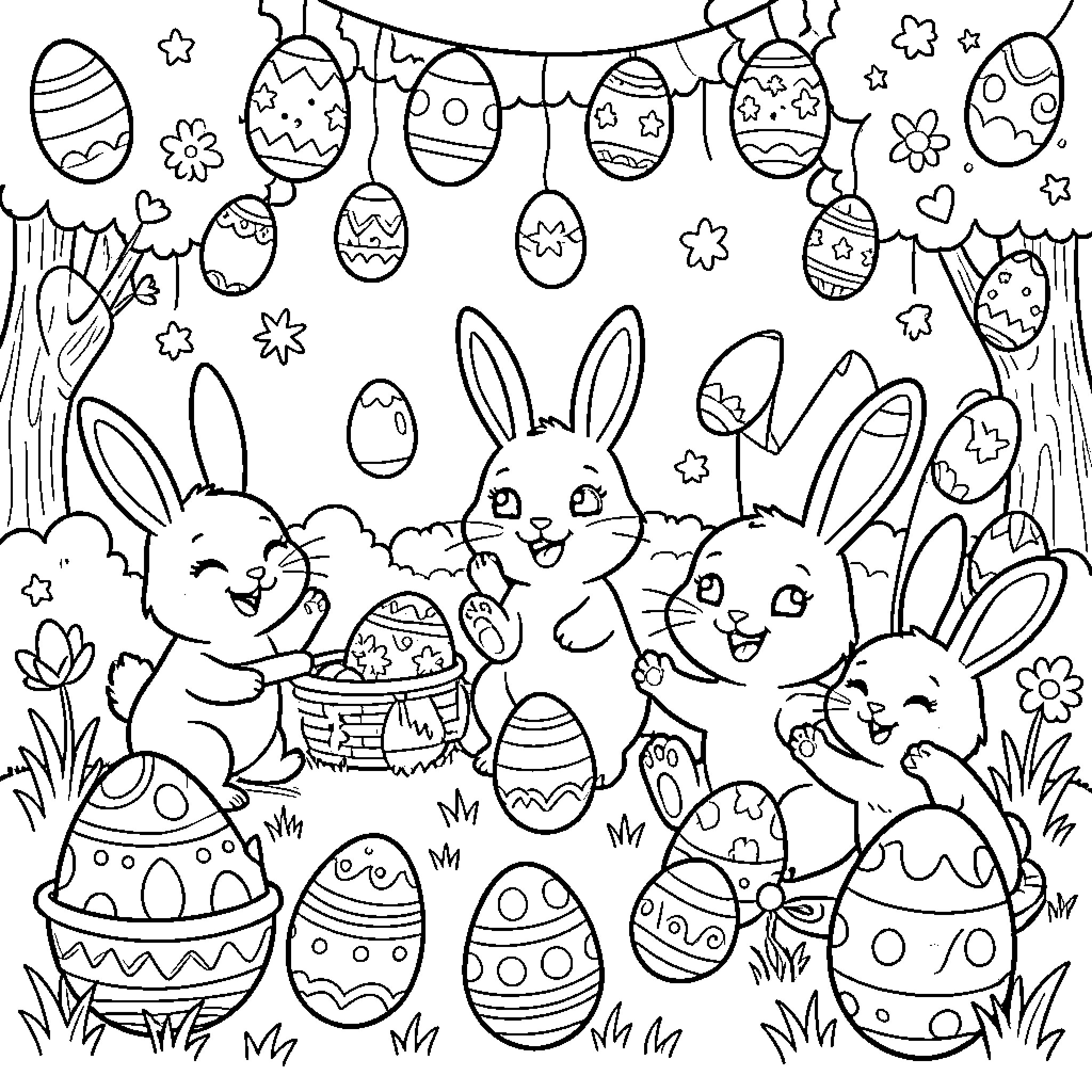 Easter Bunnies and Decorated Eggs Celebration Coloring Page (free black-and-white line drawing printable PDF for all, from beginners to advanced learners, including children, teens, adults, and seniors)
