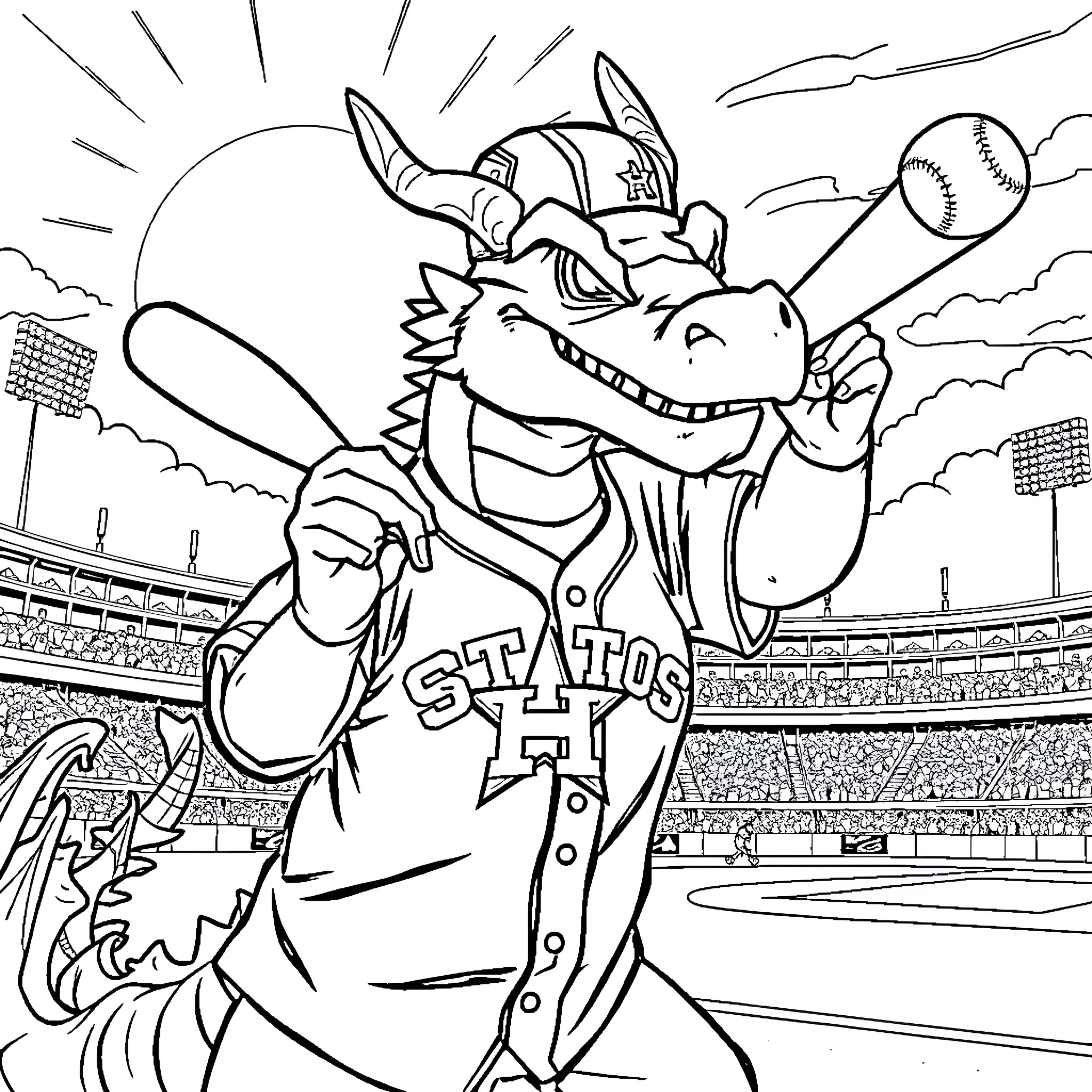 Dragon baseball player ready to pitch in the stadium Coloring Page (free black-and-white line drawing printable PDF for all, from beginners to advanced learners, including children, teens, adults, and seniors)