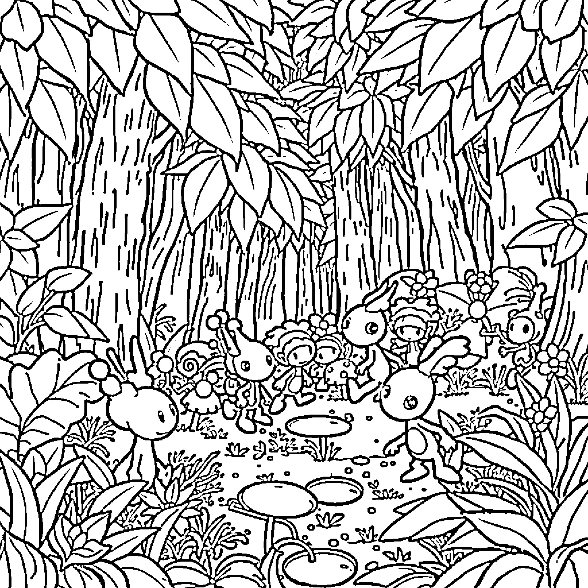 Pikmin playing and exploring in a lush forest Coloring Page (free black-and-white line drawing printable PDF for all, from beginners to advanced learners, including children, teens, adults, and seniors)