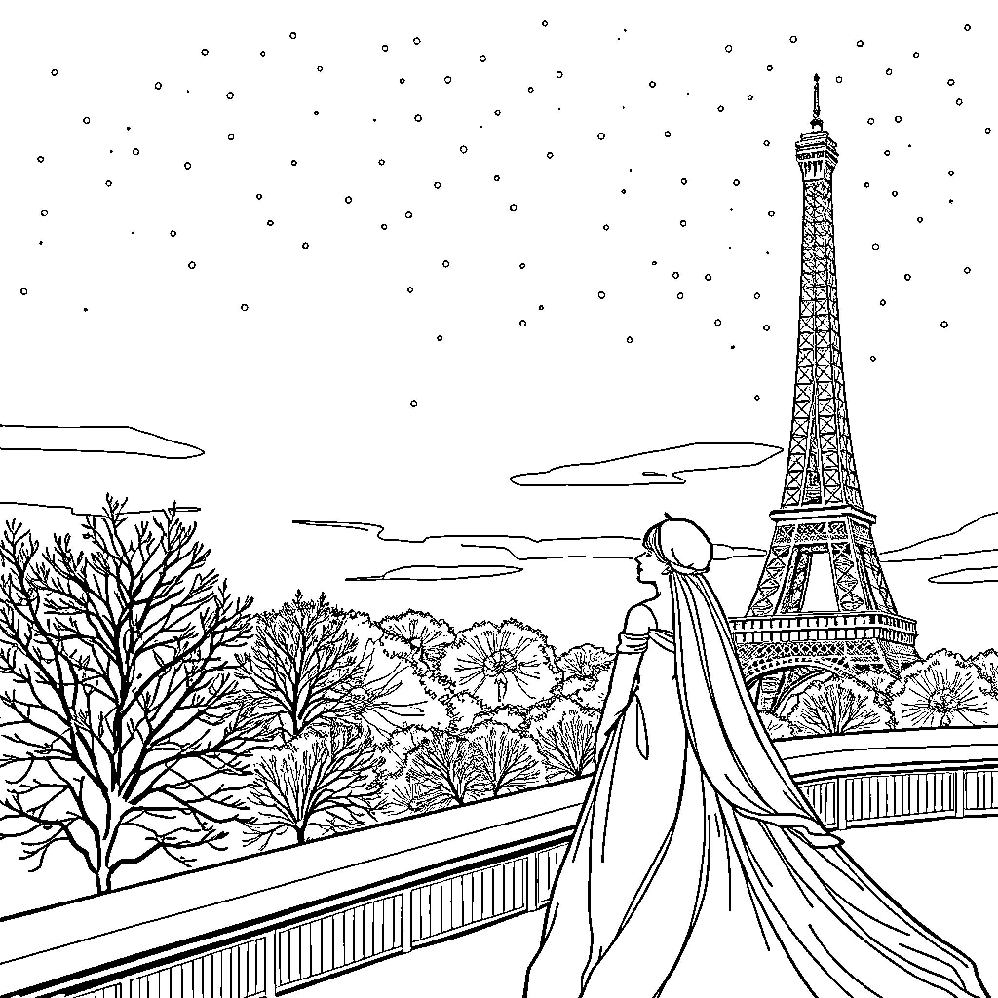 Queen's Solitary Stroll Amidst Parisian Scenery Coloring Page (free black-and-white line drawing printable PDF for all, from beginners to advanced learners, including children, teens, adults, and seniors)