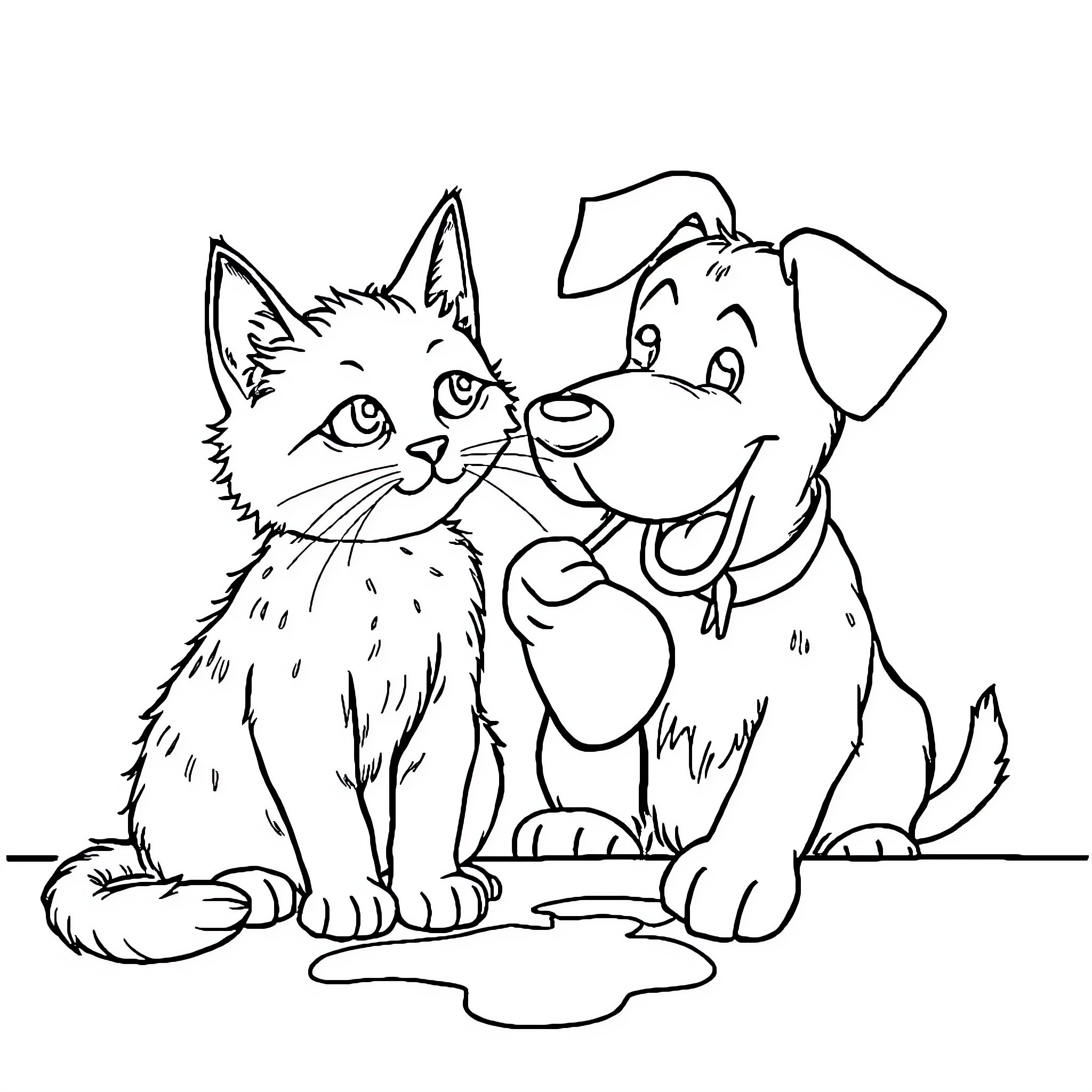 Cat and Dog playing together happily Coloring Page (free black-and-white line drawing printable PDF for all, from beginners to advanced learners, including children, teens, adults, and seniors)