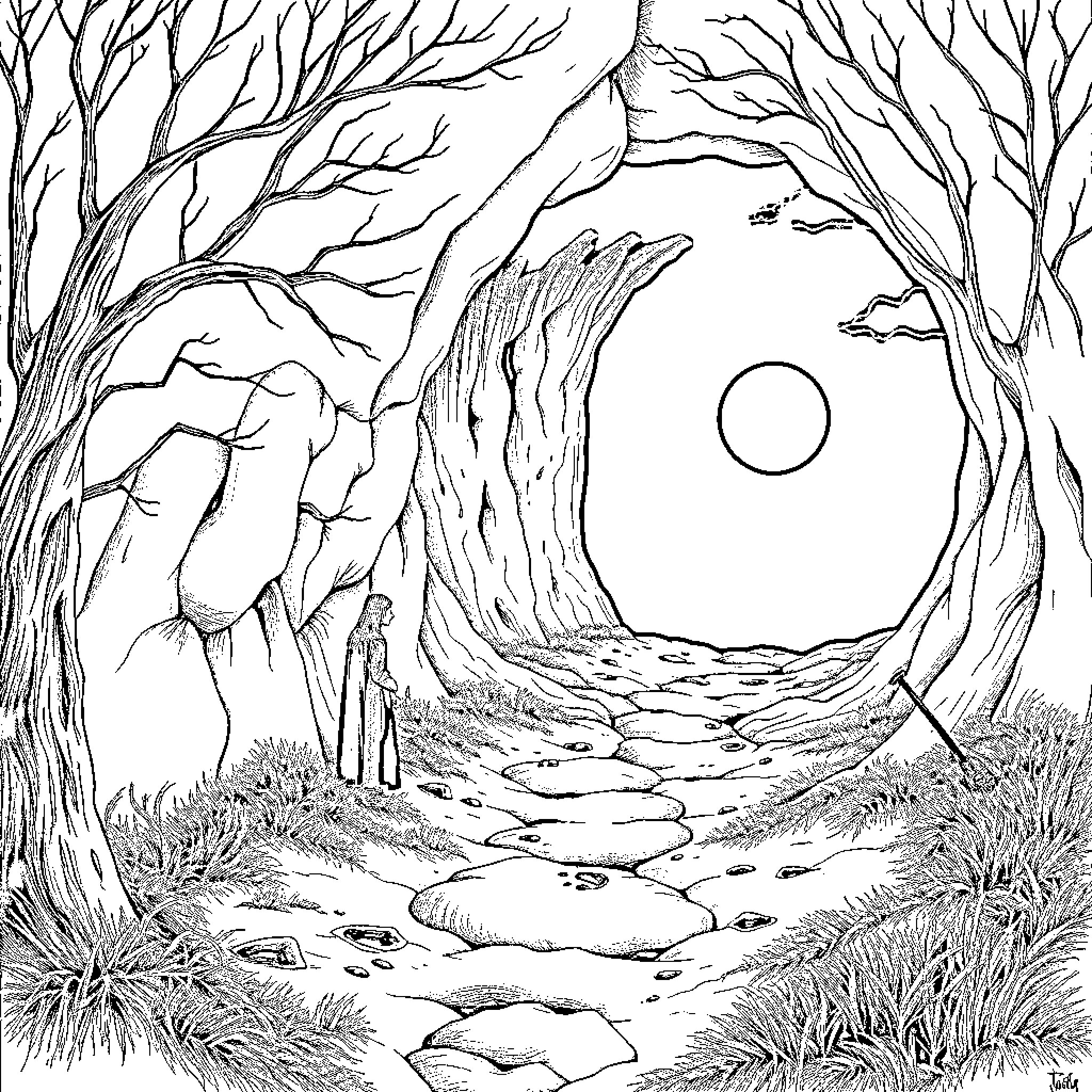 Emptiness in the Enchanted Forest Coloring Page (free black-and-white line drawing printable PDF for all, from beginners to advanced learners, including children, teens, adults, and seniors)